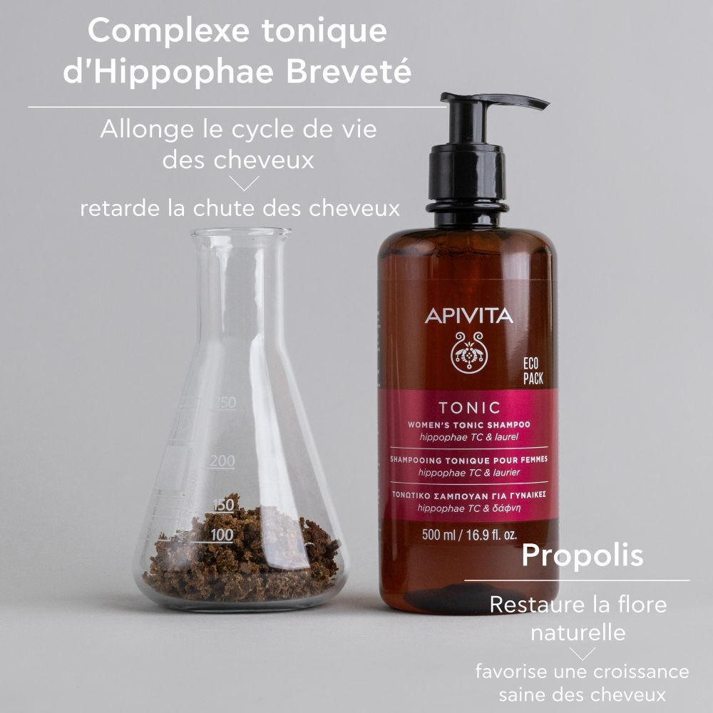 Flacon marron avec pompe noire. Inscription : Apivita Tonic Shampooing pour femmes.
