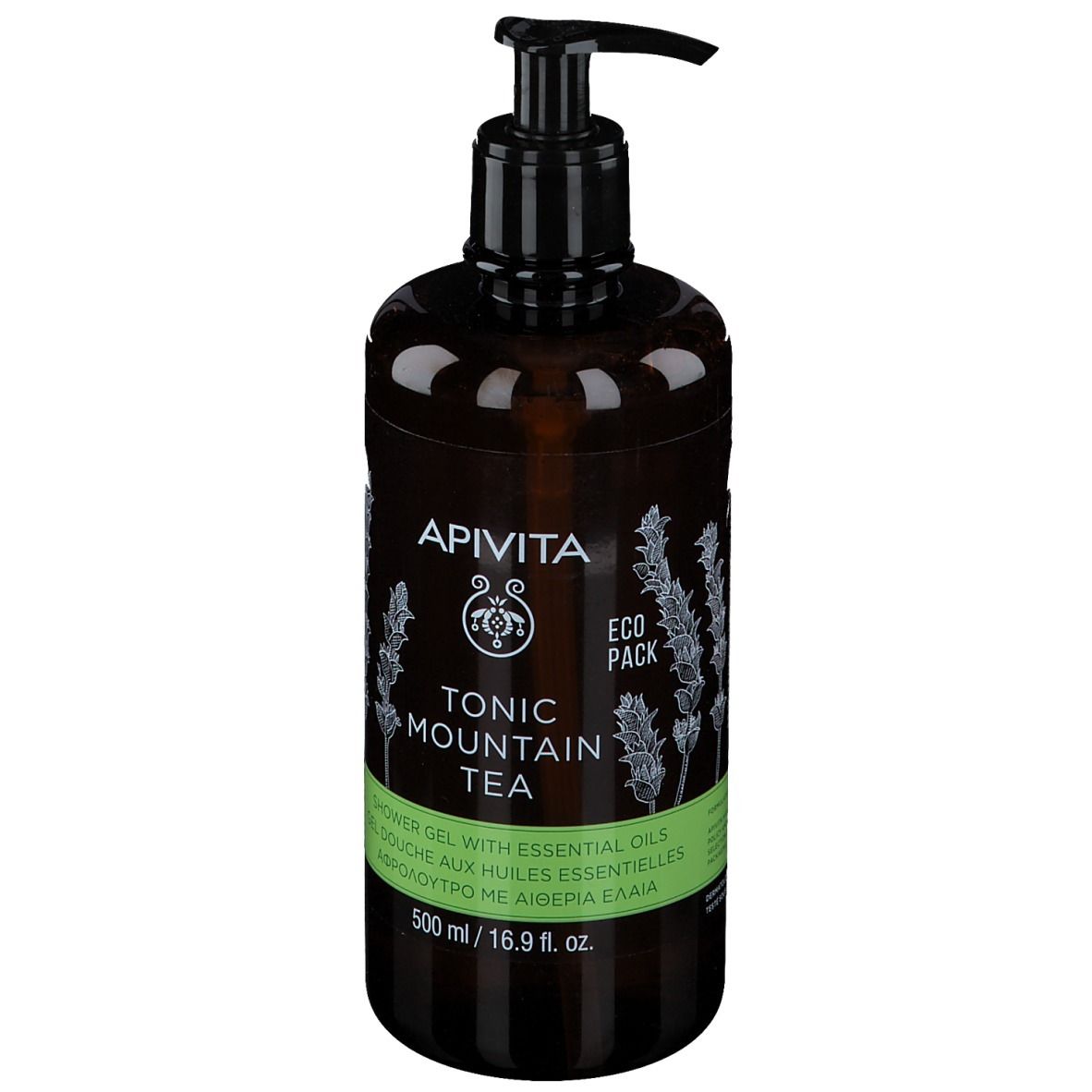 Flacon marron avec pompe noire. Inscription : APIVITA, TONIC MOUNTAIN TEA, gel douche. Étiquette verte et blanche.