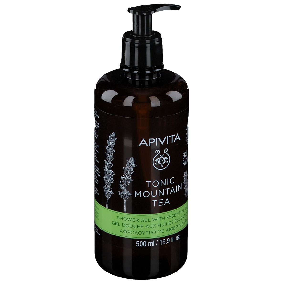 Flacon marron avec pompe noire. Inscription : APIVITA, TONIC MOUNTAIN TEA, gel douche. Étiquette verte et blanche.