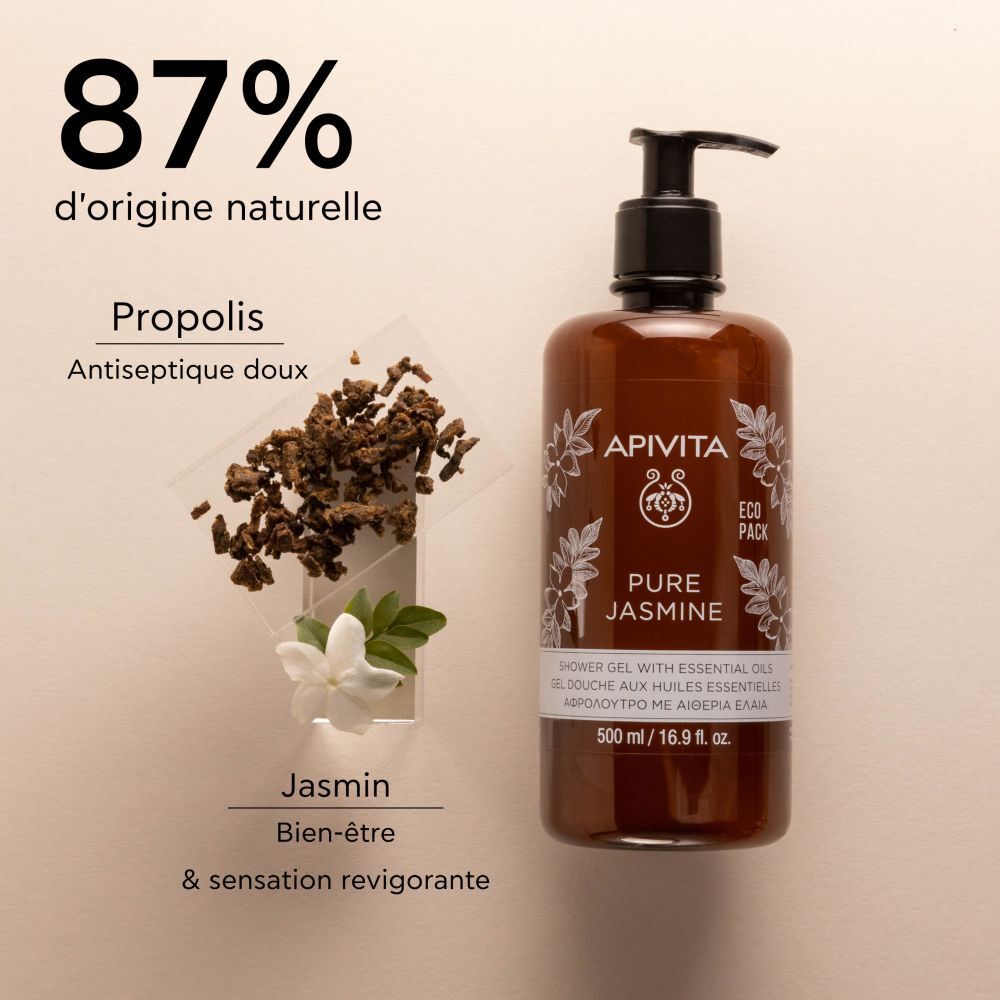 Flacon marron avec pompe noire. Inscription : Apivita Pure Jasmine Duschgel.