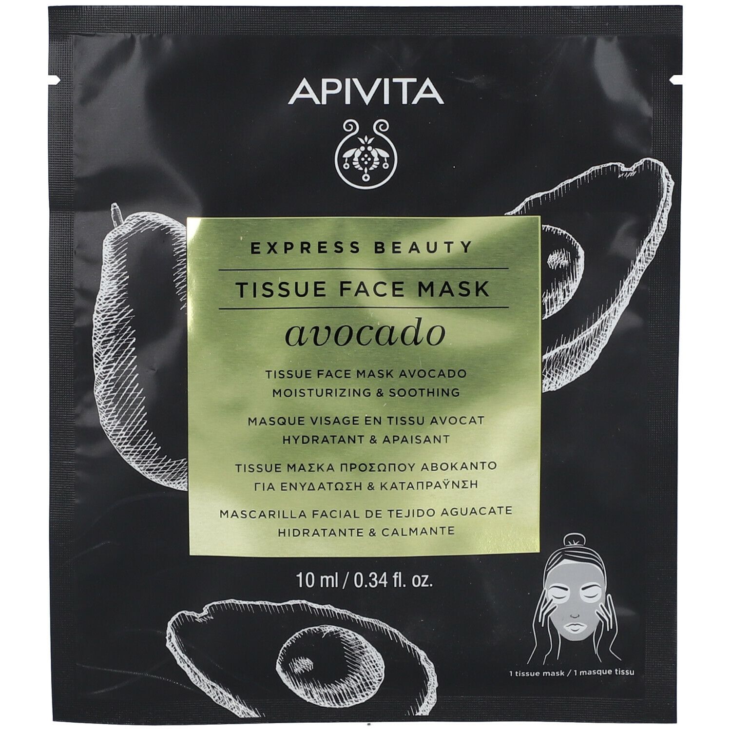 Emballage noir avec motif avocat. Étiquette dorée avec informations produit. Marque : Apivita.