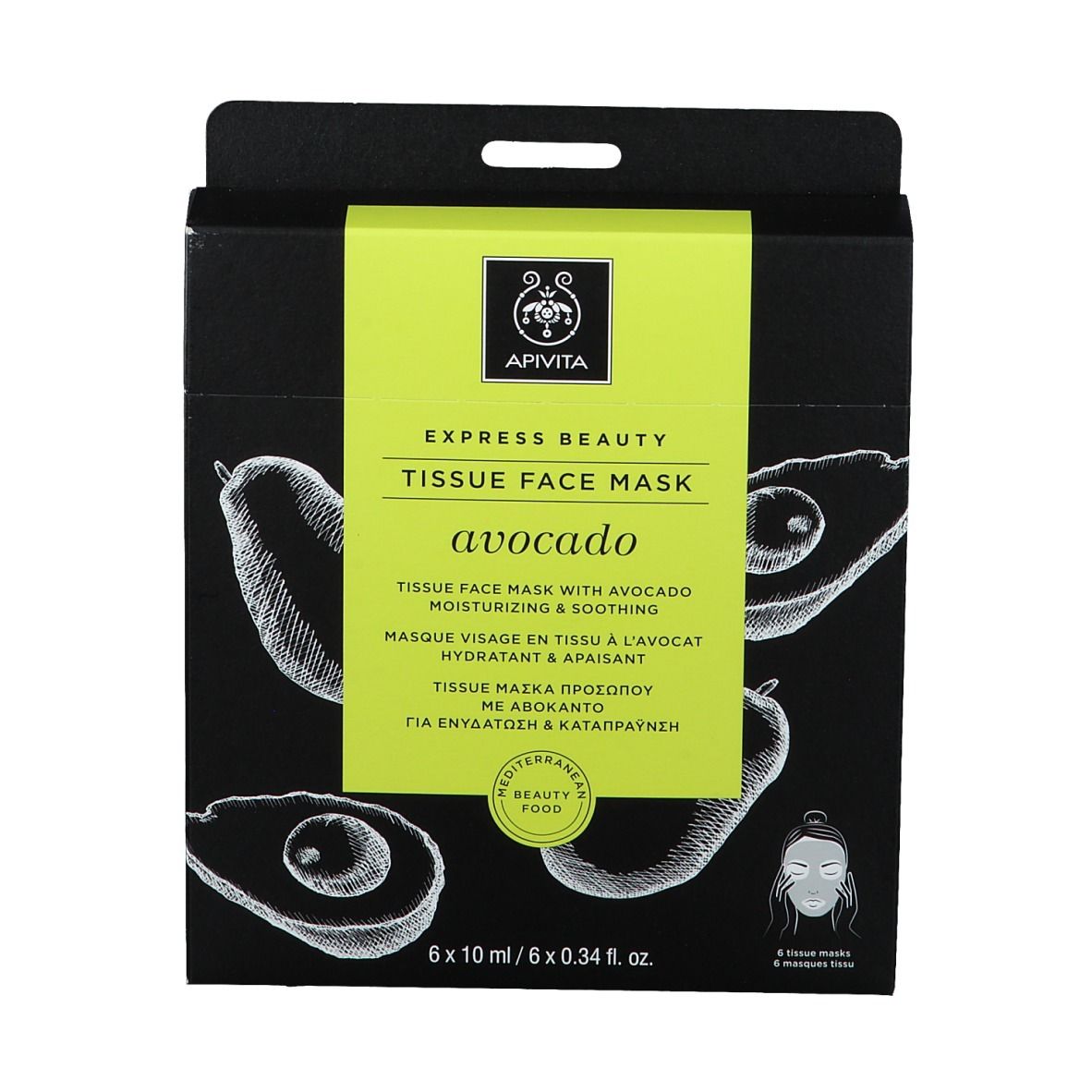 Emballage noir avec 6 masques. Motif avocat. Étiquette dorée avec informations produit. Marque : Apivita.