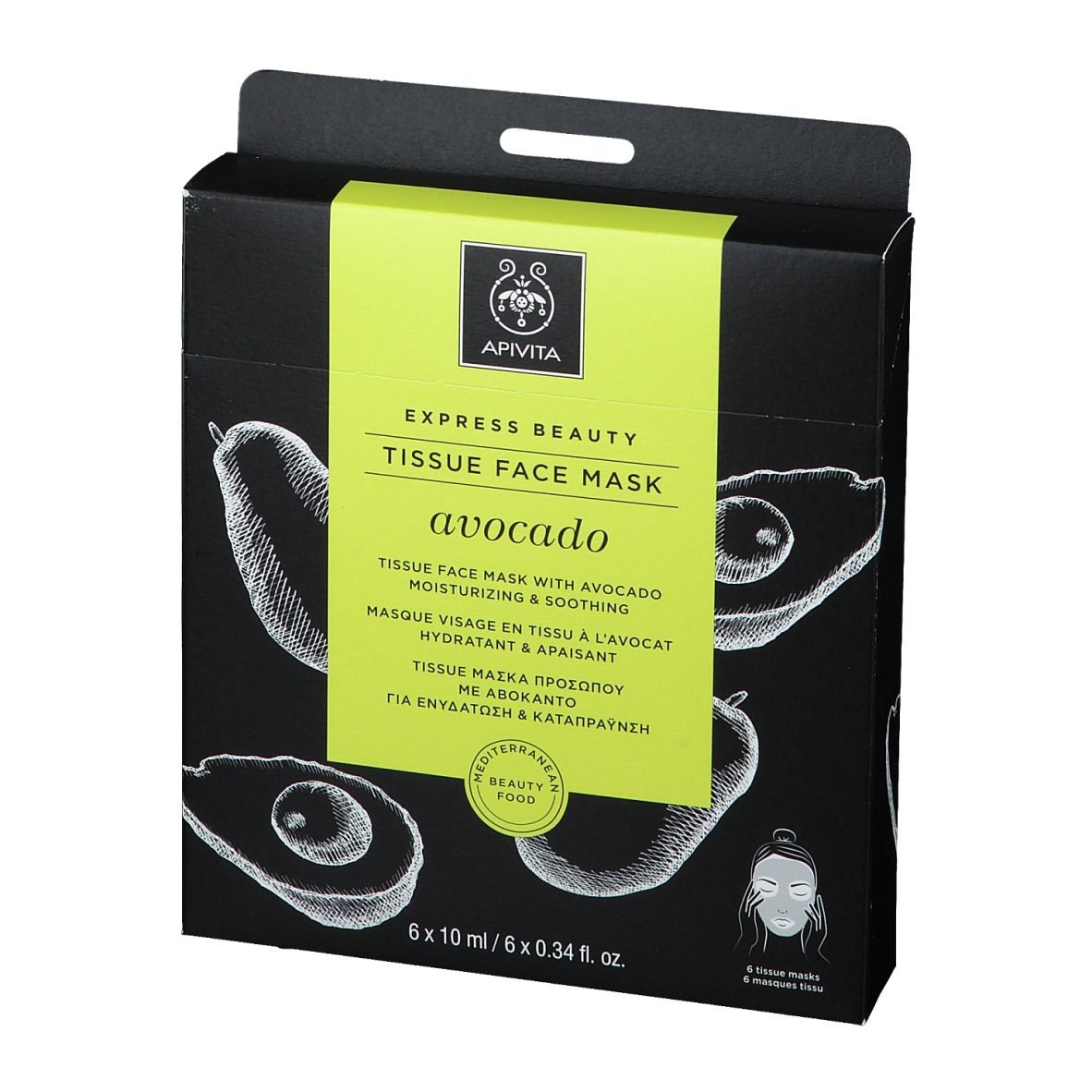 Emballage noir avec 6 masques. Motif avocat. Étiquette dorée avec informations produit. Marque : Apivita.