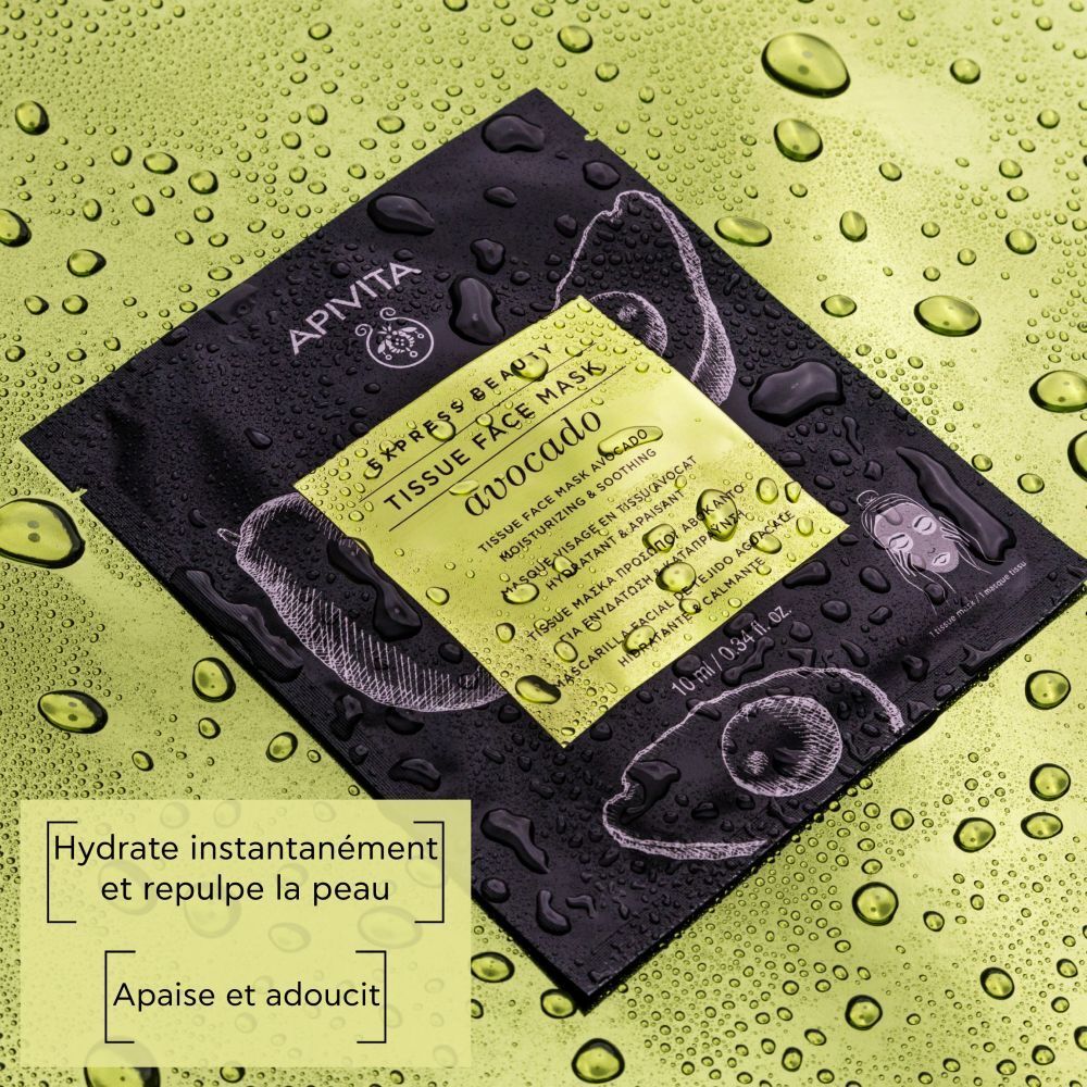 Masque individuel sur eau. Étiquette dorée avec informations produit. Marque : Apivita. Texte : Hydrate, apaise.