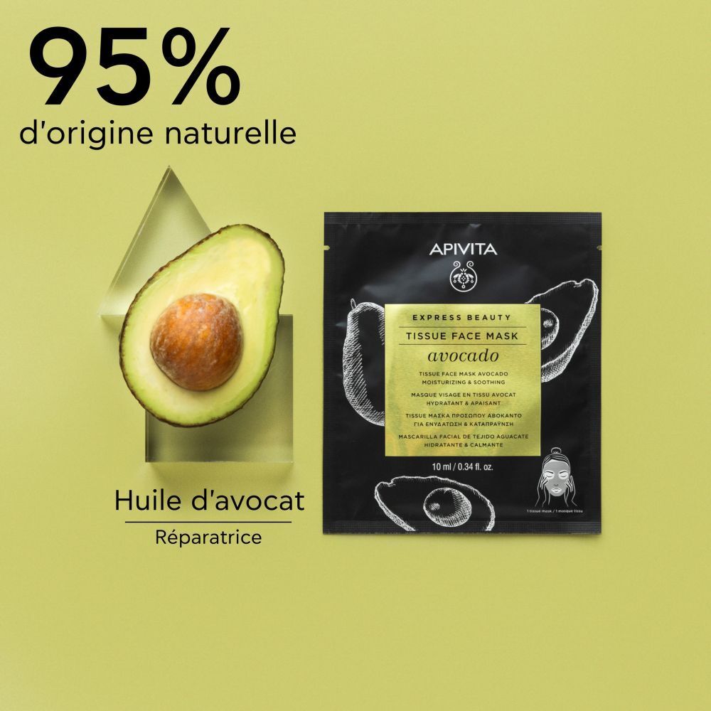 Avocat et masque. Texte : 95% origine naturelle. Huile d'avocat. Marque : Apivita.