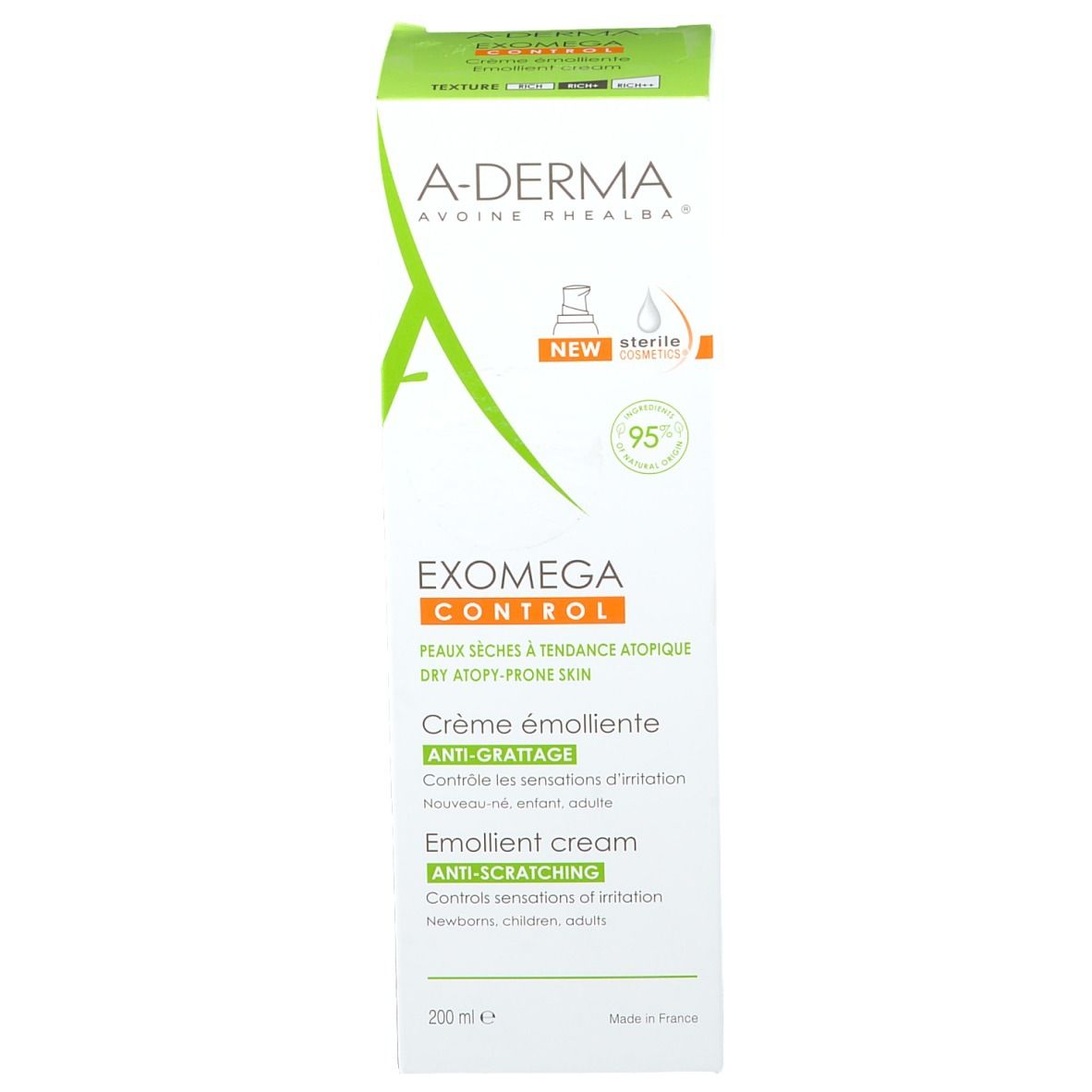 A-Derma EXOMEGA CONTROL crèmeverpakking. Wit, groen, tekst. Informatie over de droge huid met neiging tot atopie. Verzachtende crème.