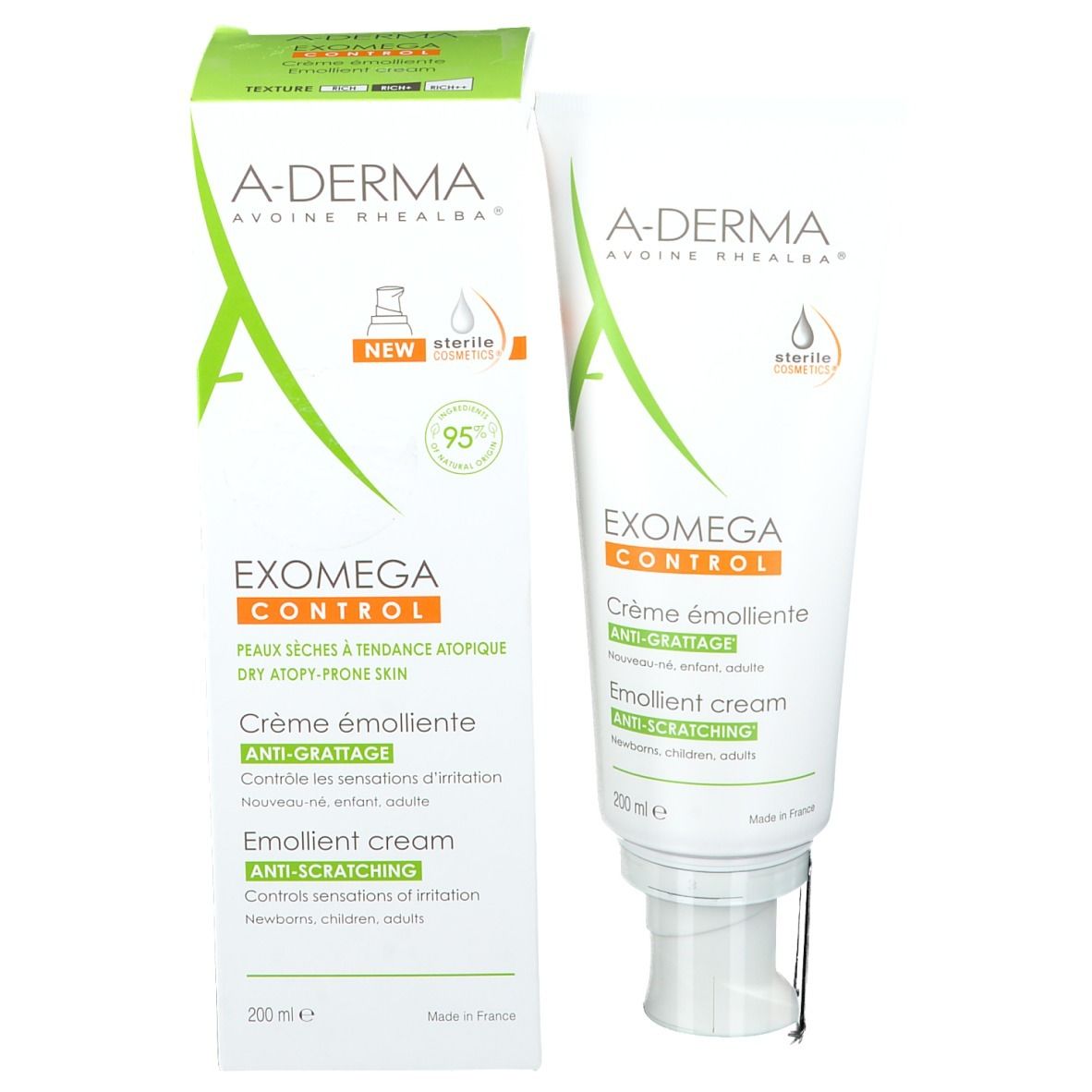 A-Derma EXOMEGA CONTROL crème en verpakking. Crème en doos naast elkaar. Wit, groen, tekst. 200 ml.