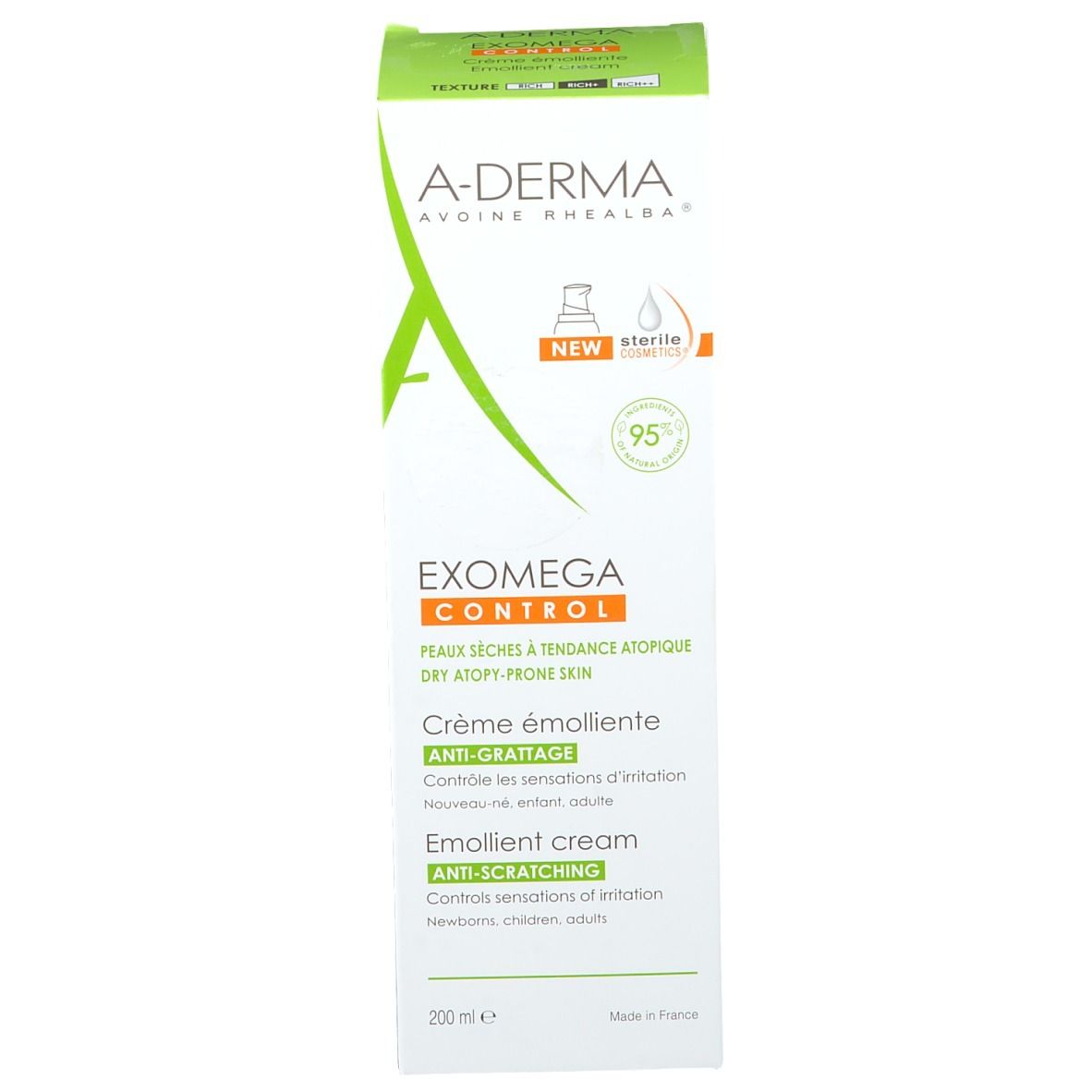 A-Derma EXOMEGA CONTROL crèmeverpakking. Wit, groen, tekst. Informatie over de droge huid met neiging tot atopie. Verzachtende crème.