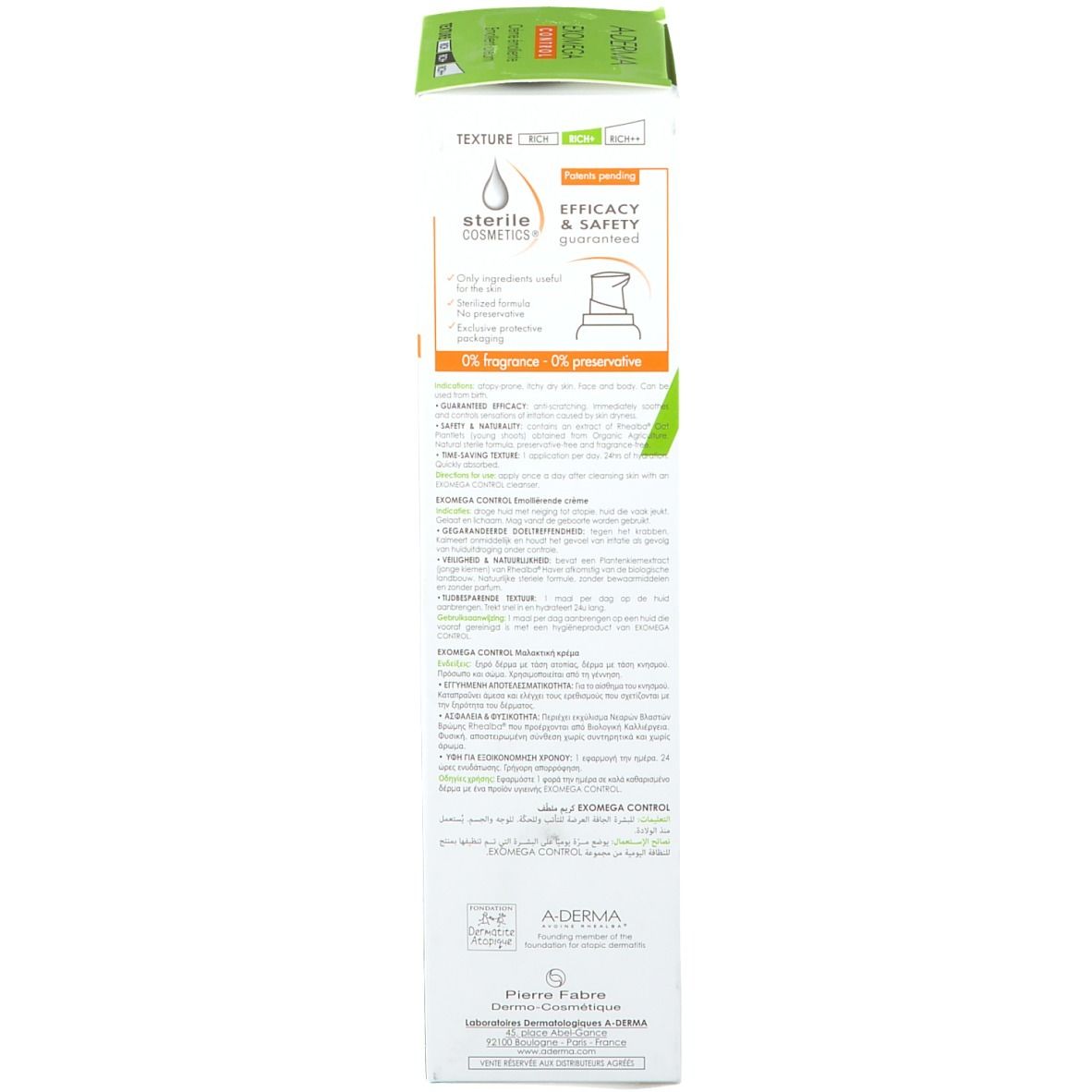 Achterkant van de A-Derma EXOMEGA CONTROL verpakking. Wit, groen, tekst. Informatie over ingrediënten, gebruik en fabrikant.
