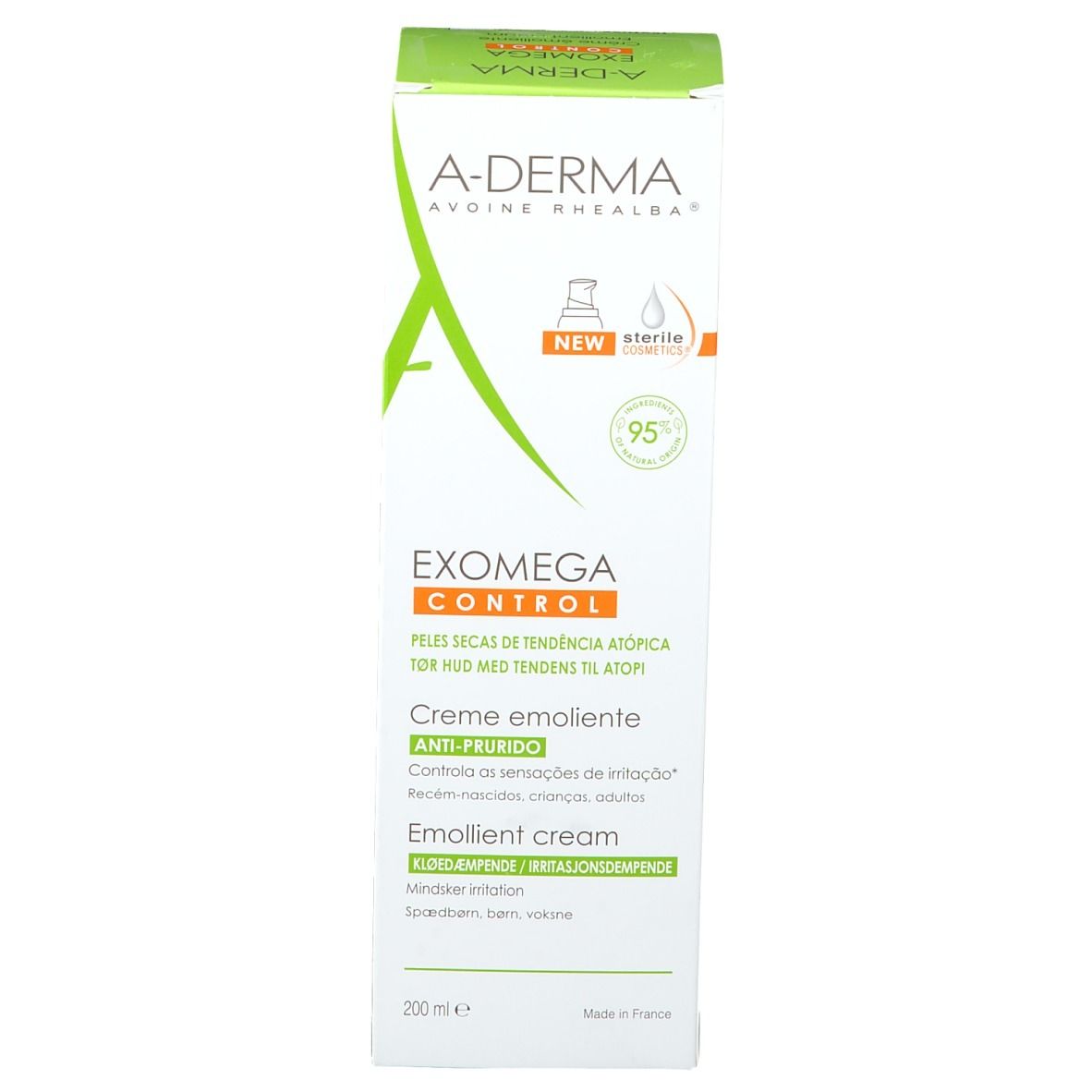A-Derma EXOMEGA CONTROL crèmeverpakking. Wit, groen, tekst. Informatie over de droge huid met neiging tot atopie. Verzachtende crème.