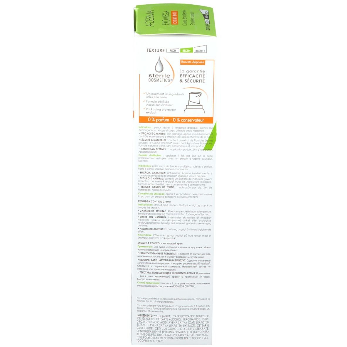 Achterkant van de A-Derma EXOMEGA CONTROL verpakking. Wit, groen, tekst. Informatie over ingrediënten, gebruik en fabrikant.