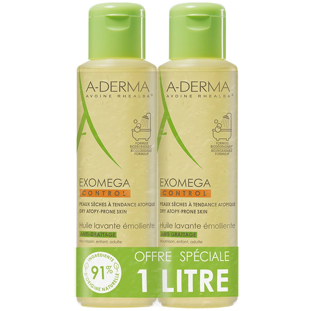 Deux flacons d'huile de douche A-Derma Exomega Control. Bouchons verts, liquide jaune. Inscription : 1 litre, 91% ingrédients naturels.