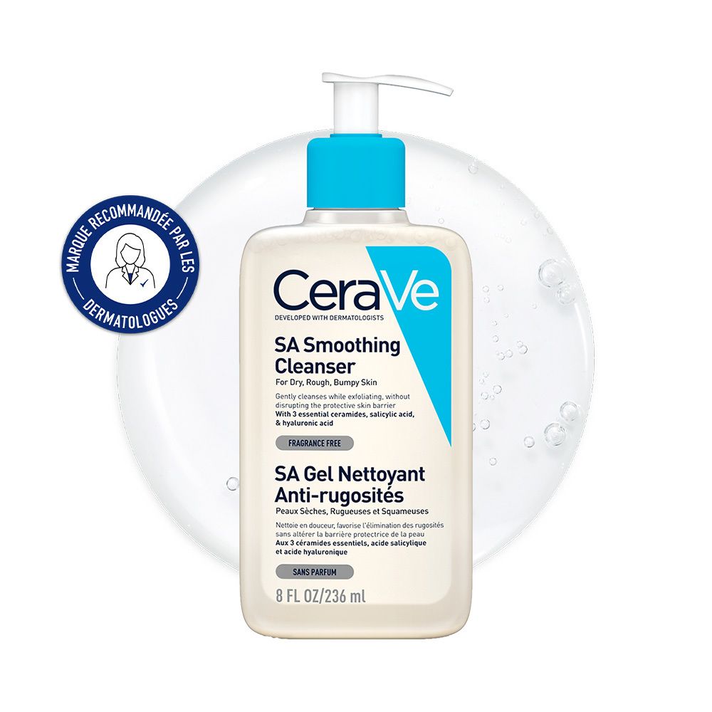 CeraVe SA Gel nettoyant anti-rugosités. Flacon blanc avec pompe bleue. Logo dermatologues.