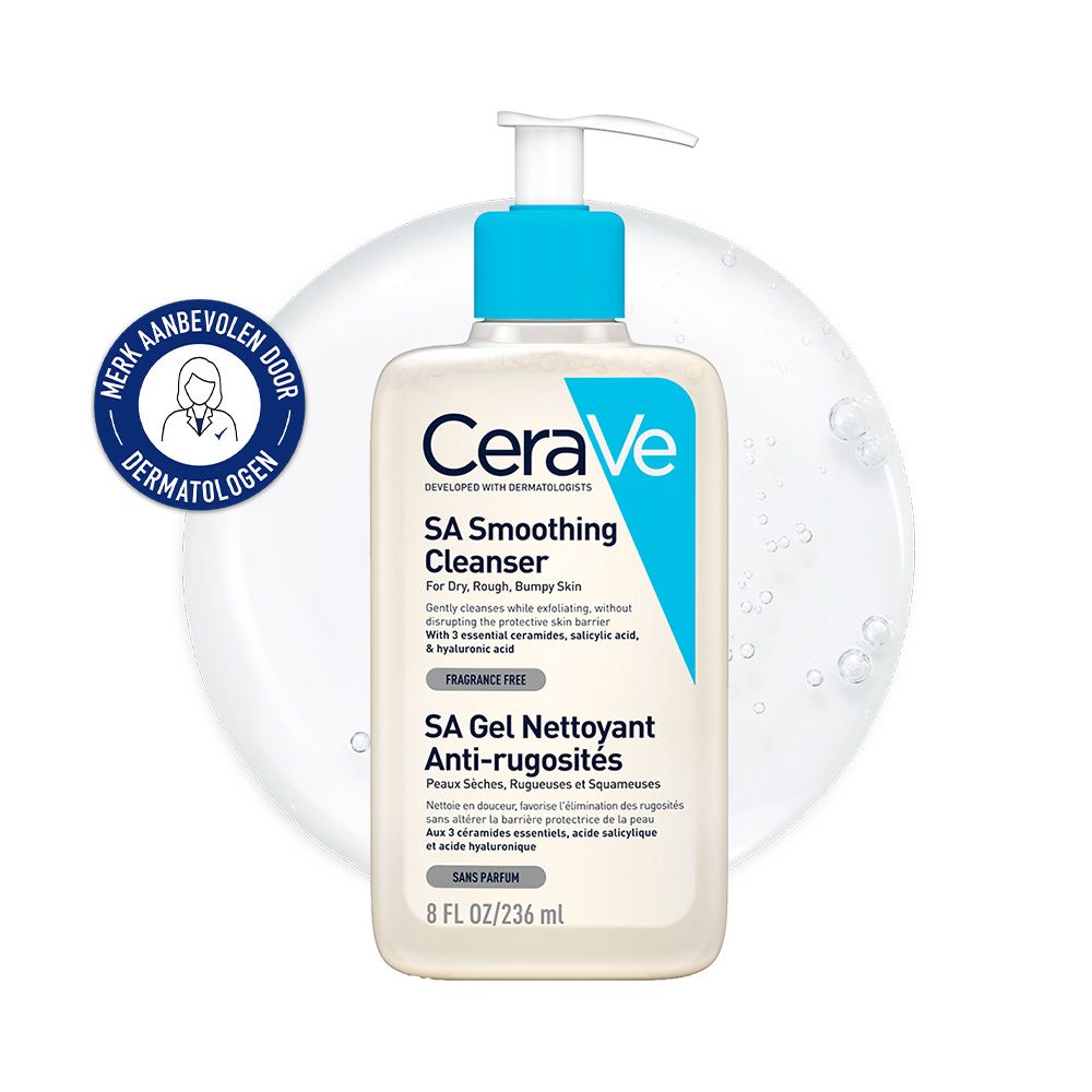 CeraVe SA Smoothing Cleanser. Witte fles met blauwe pomp. Dermatologen logo.