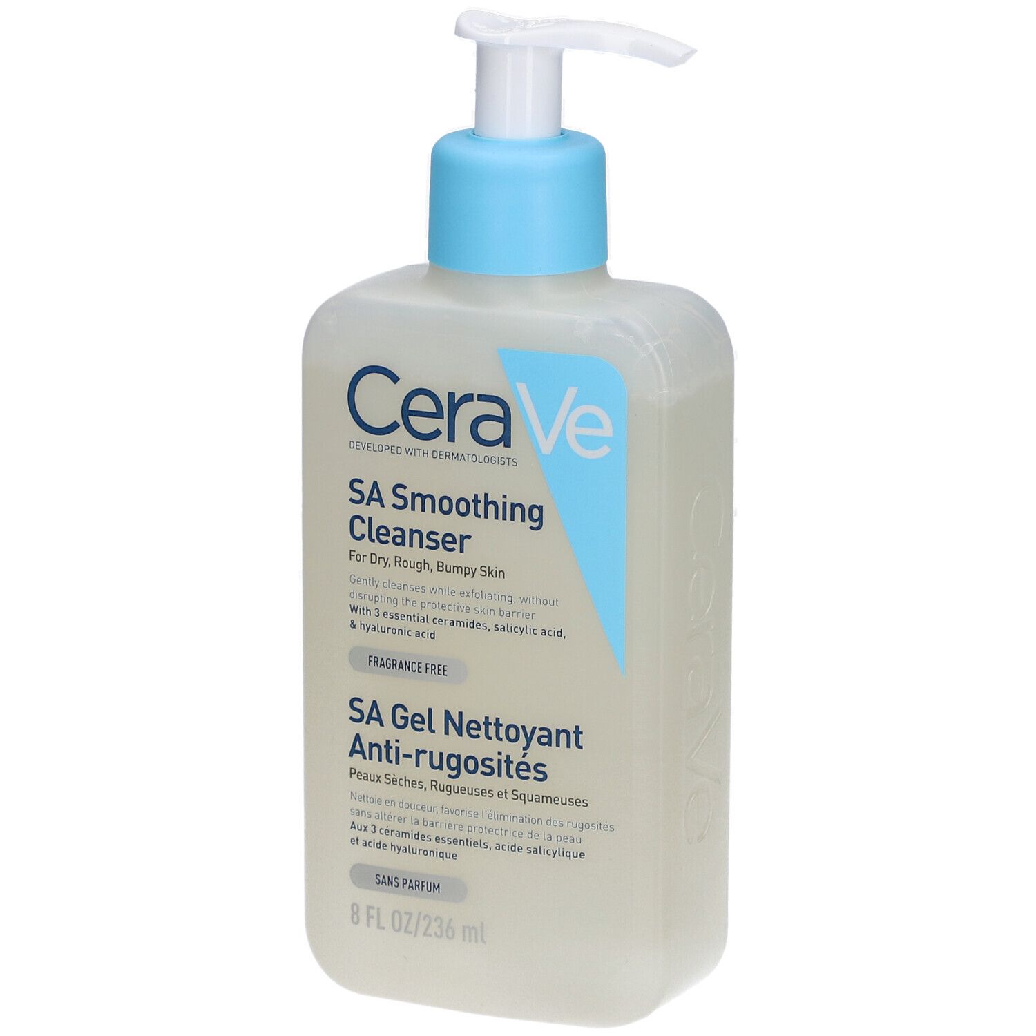 CeraVe SA Gel nettoyant anti-rugosités. Flacon blanc avec pompe bleue. Texte sur l'étiquette.