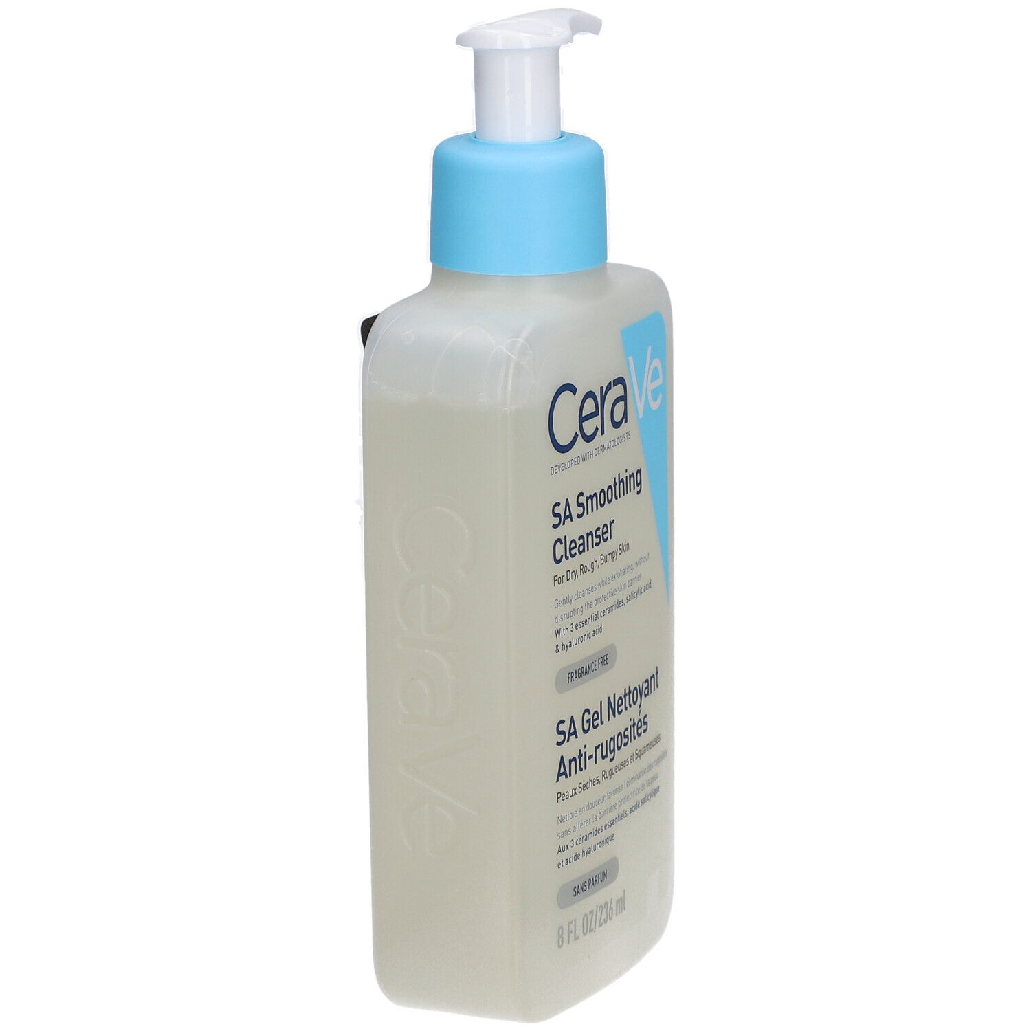 CeraVe SA Gel nettoyant anti-rugosités. Flacon blanc avec pompe bleue. Vue latérale.