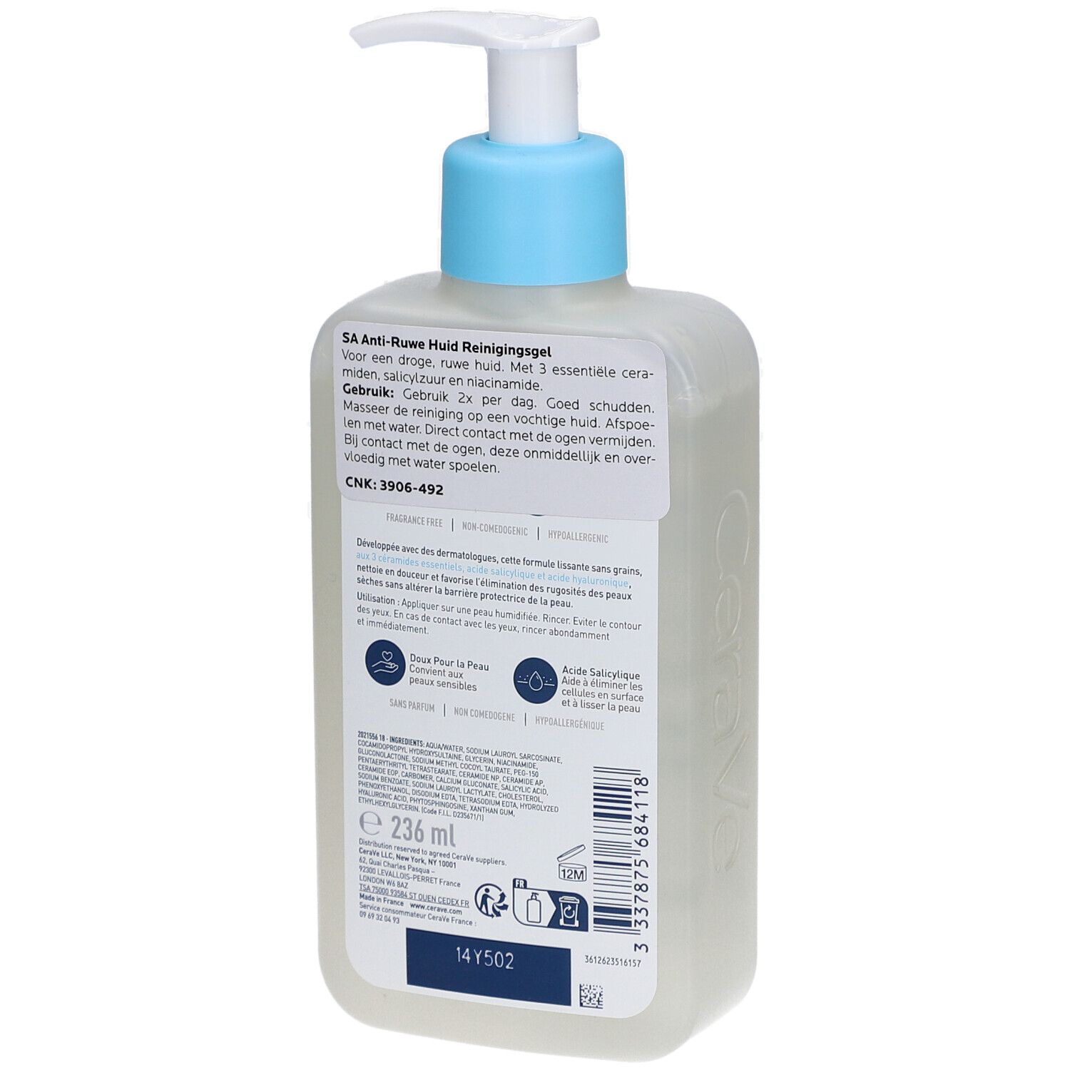 Dos du flacon de gel nettoyant CeraVe SA. Texte en français, ingrédients, numéro de lot.