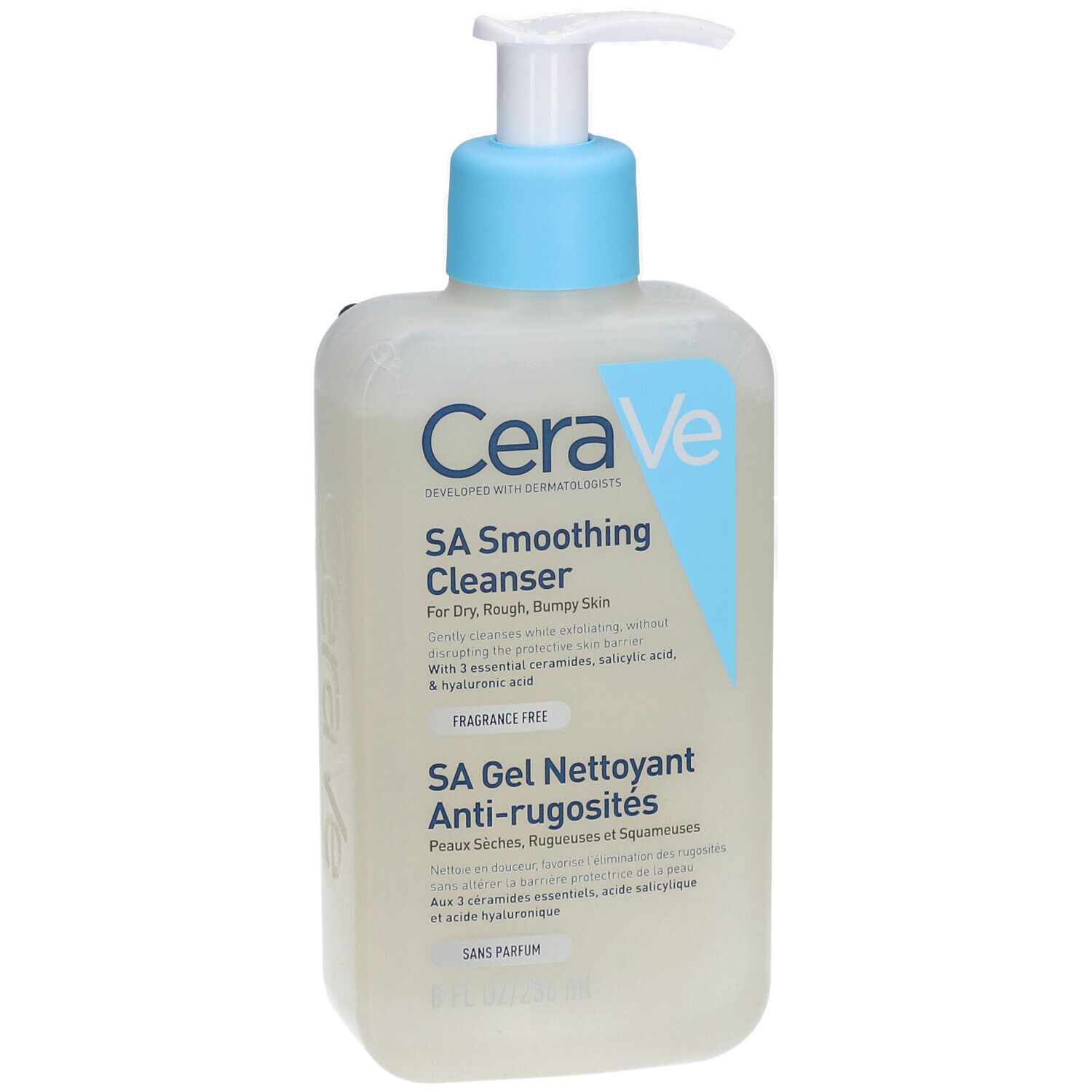 CeraVe SA Gel nettoyant anti-rugosités. Flacon blanc avec pompe bleue. Vue de face.