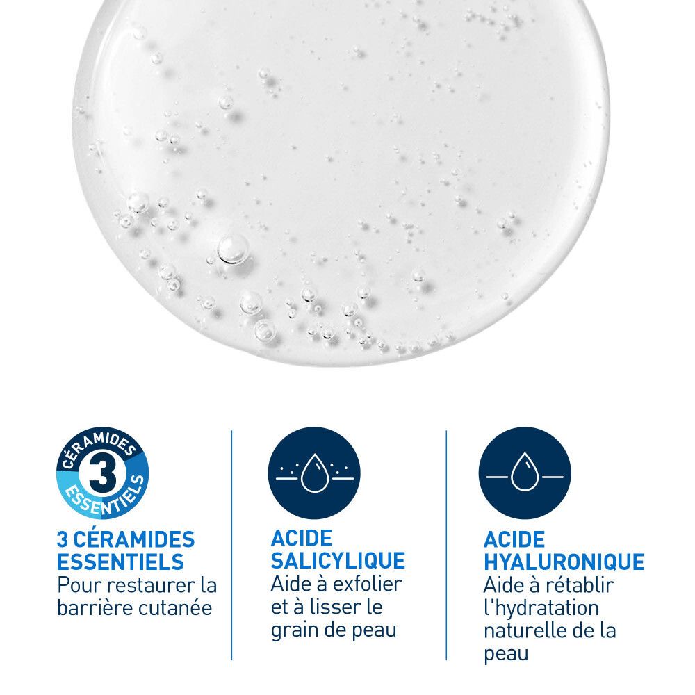 Graphique avec 3 gouttes : Céramides, acide salicylique, acide hyaluronique. Texte.