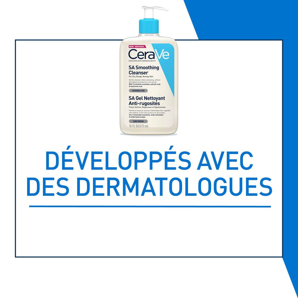CeraVe SA Gel nettoyant anti-rugosités. Flacon blanc avec pompe bleue. Texte.