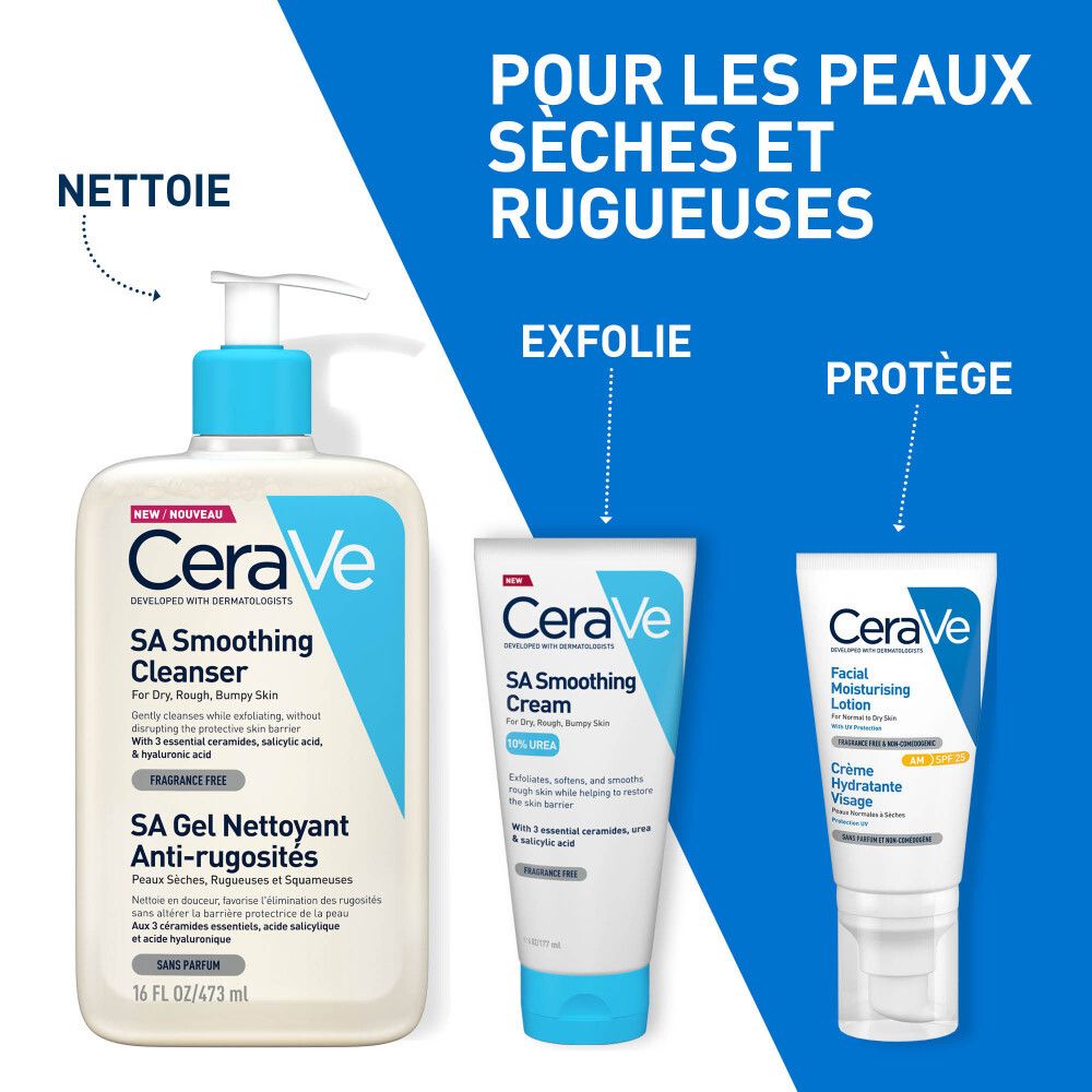 CeraVe SA Gel nettoyant anti-rugosités et autres produits. Texte en français.