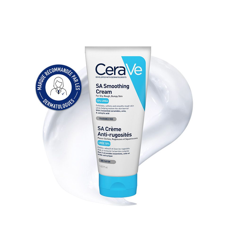 Tube CeraVe SA Crème Anti-rugosités. Blanc, bleu. Texte: SA Smoothing Cream, 10% Urea. Avec sceau dermatologues.