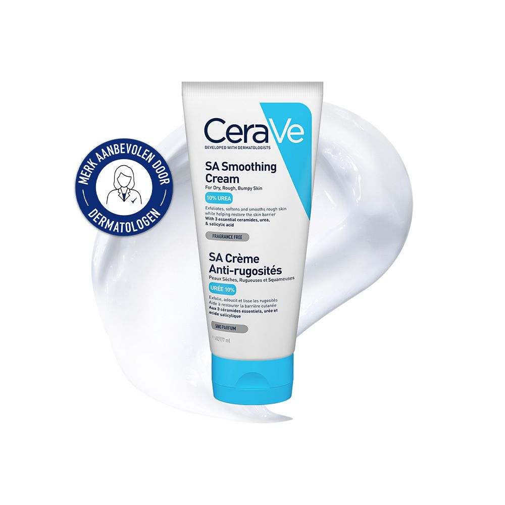 CeraVe SA Smoothing Cream tube. Wit, blauw design. Tekst: SA Smoothing Cream, 10% Urea.