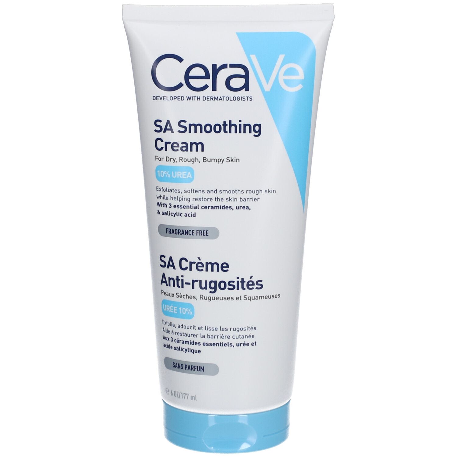 CeraVe SA Smoothing Cream tube. Wit, blauw design. Tekst: SA Smoothing Cream, 10% Urea.