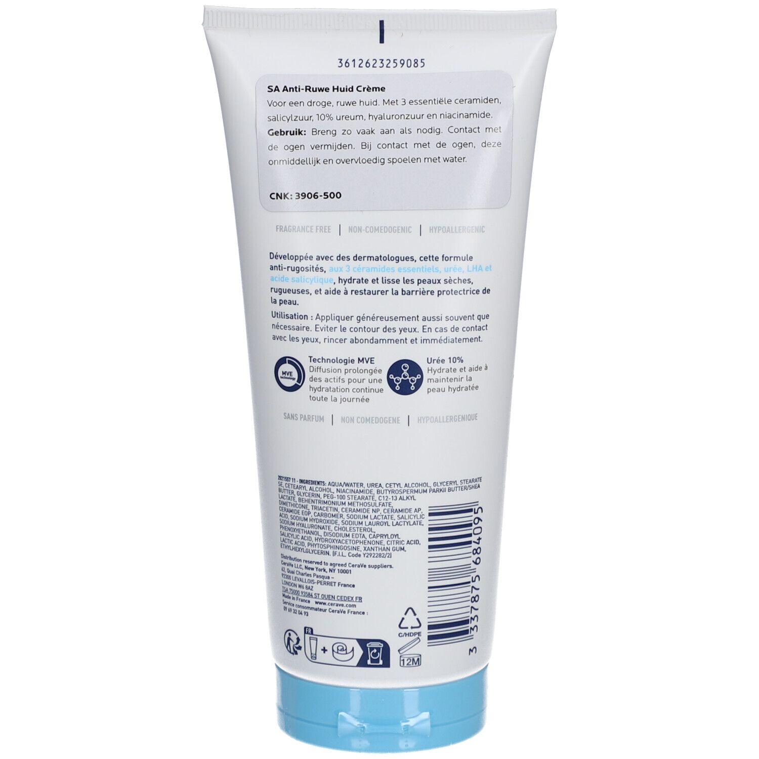 Achterkant CeraVe SA Smoothing Cream tube. Tekst en ingrediënten.