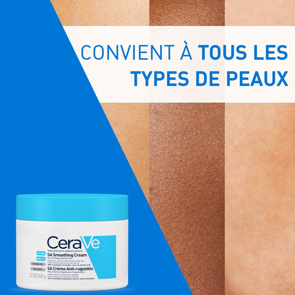 Pot de crème CeraVe SA et échantillons de peau. Texte: Convient à tous les types de peaux.