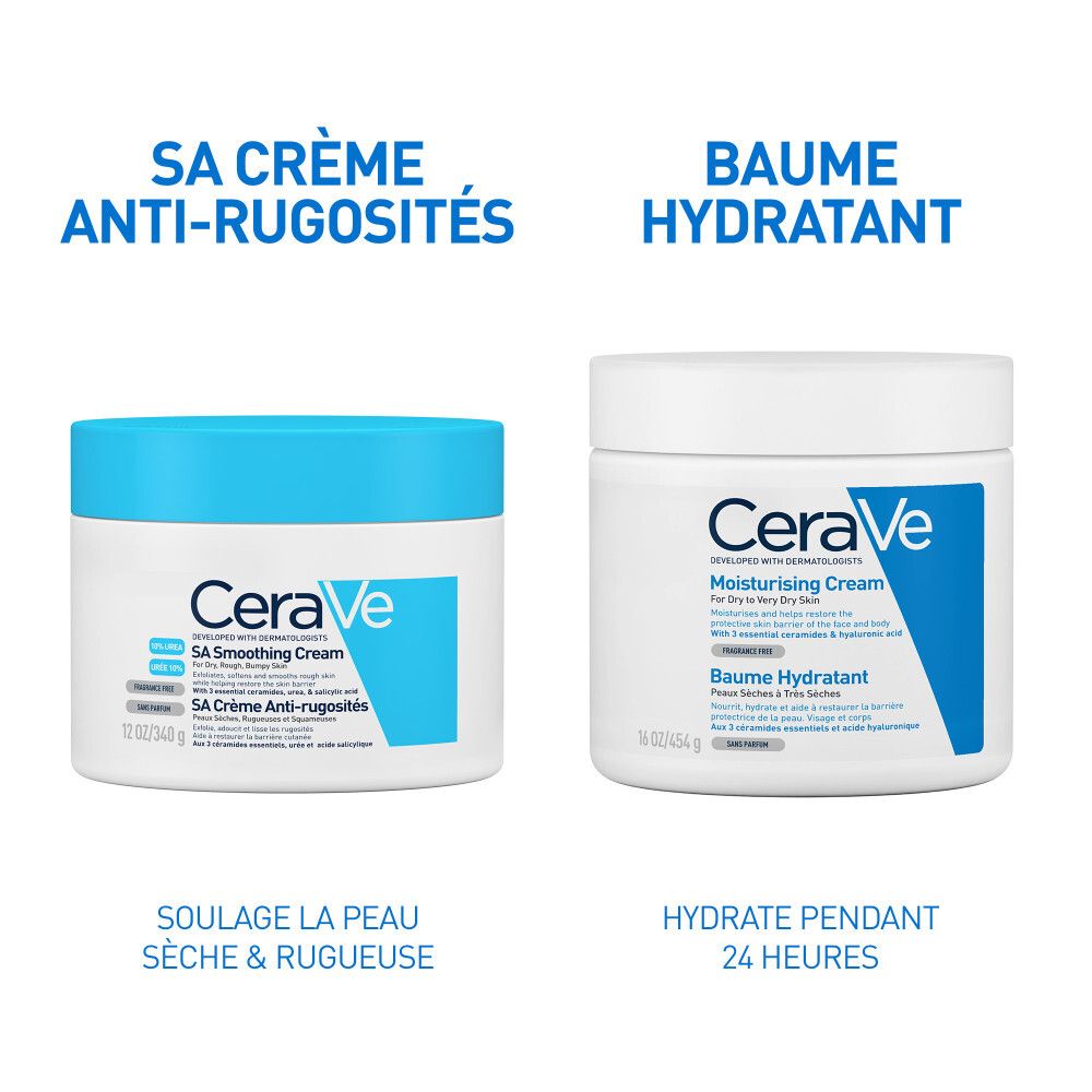 Pot de crème CeraVe SA et pot de crème hydratante. Texte: SA Crème Anti-rugosités, Baume Hydratant.