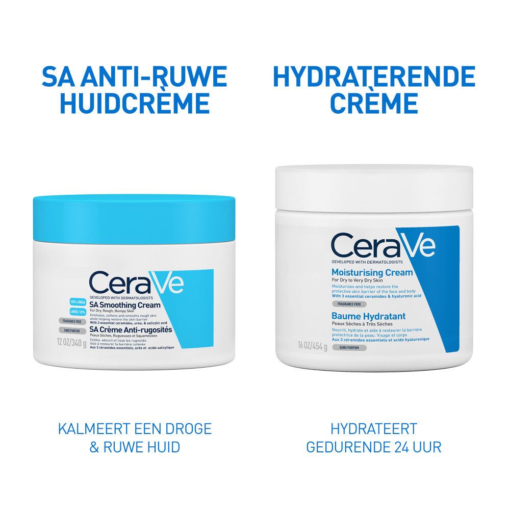 CeraVe SA crème pot en hydraterende crème pot. Tekst: SA Anti-Ruwe Huidcrème, Hydraterende Crème.