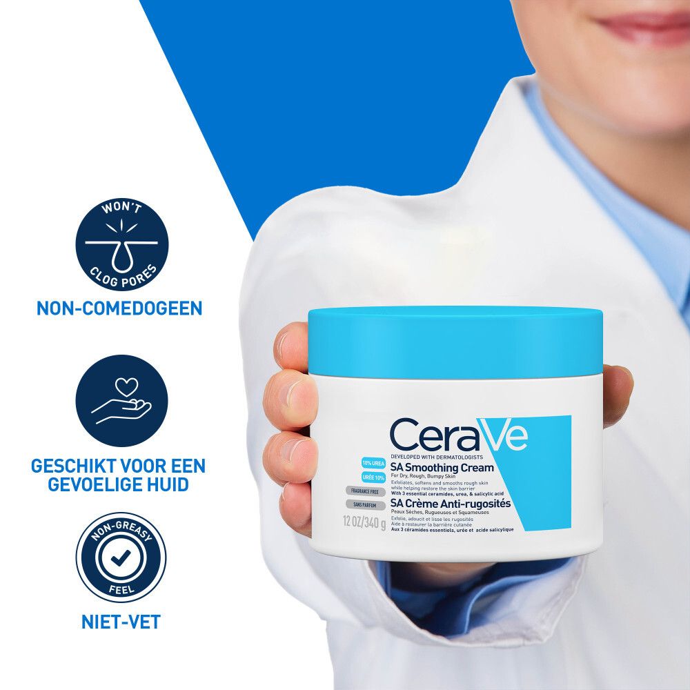 CeraVe SA crème pot. Tekst: Niet-comedogeen, geschikt voor gevoelige huid, niet-vet.