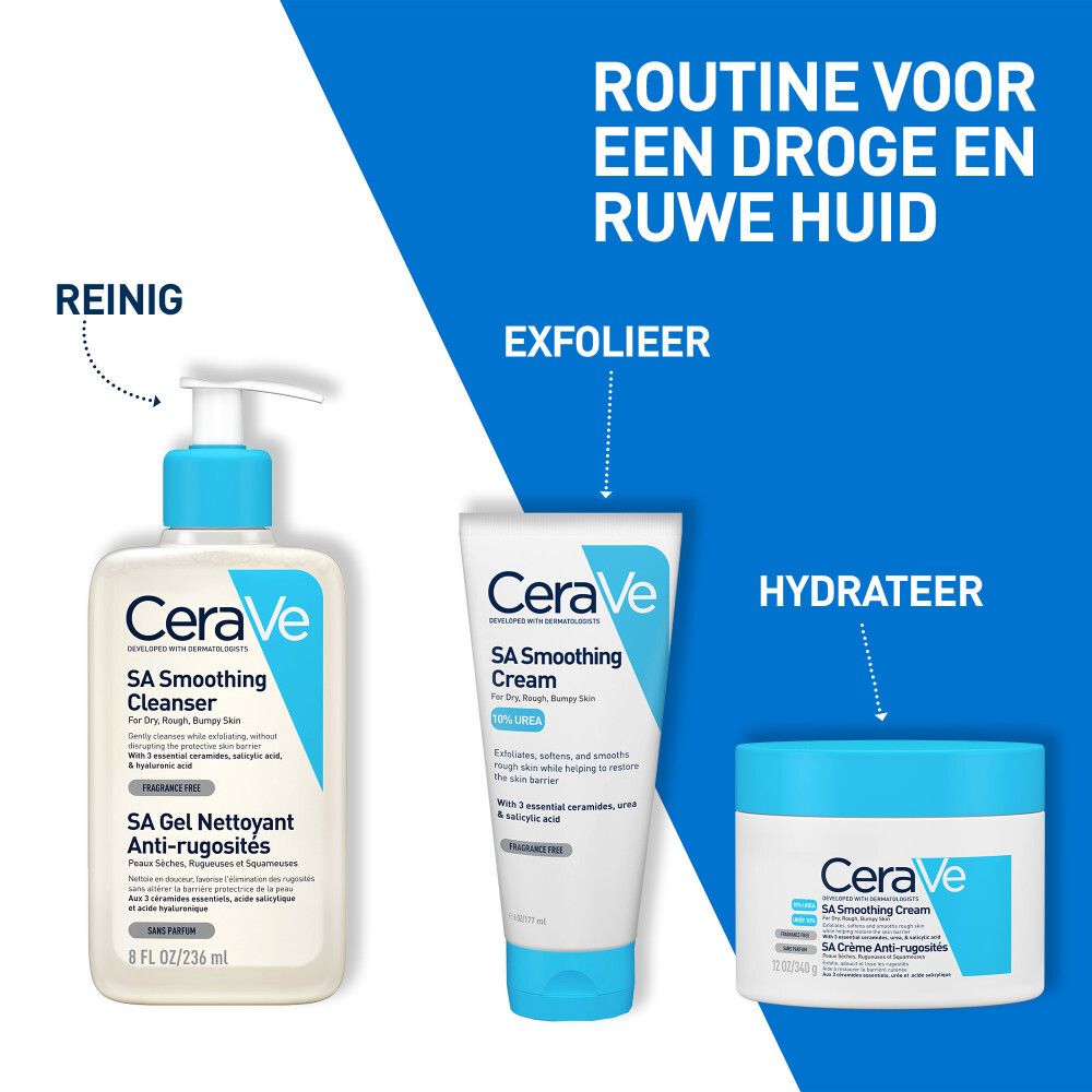 CeraVe producten: Reiniger, Gladmakende crème, Hydraterend. Tekst: Routine voor een droge en ruwe huid.