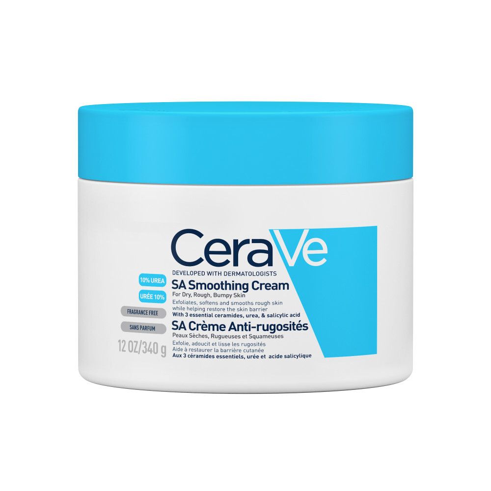 CeraVe SA Smoothing Cream pot met blauw deksel. Tekst: Voor droge, ruwe huid. Zonder parfum.