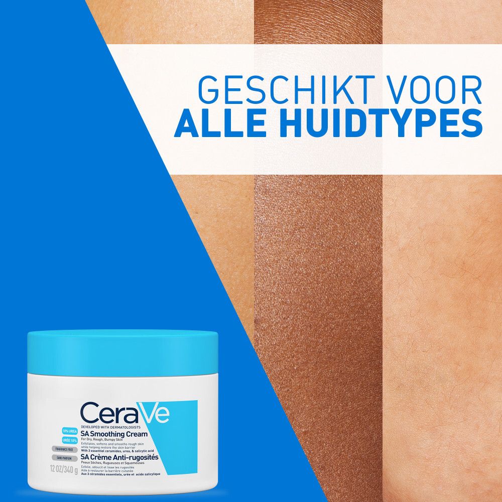 CeraVe SA Smoothing Cream pot. Tekst: Geschikt voor alle huidtypes. Achtergrond: huidmonsters.