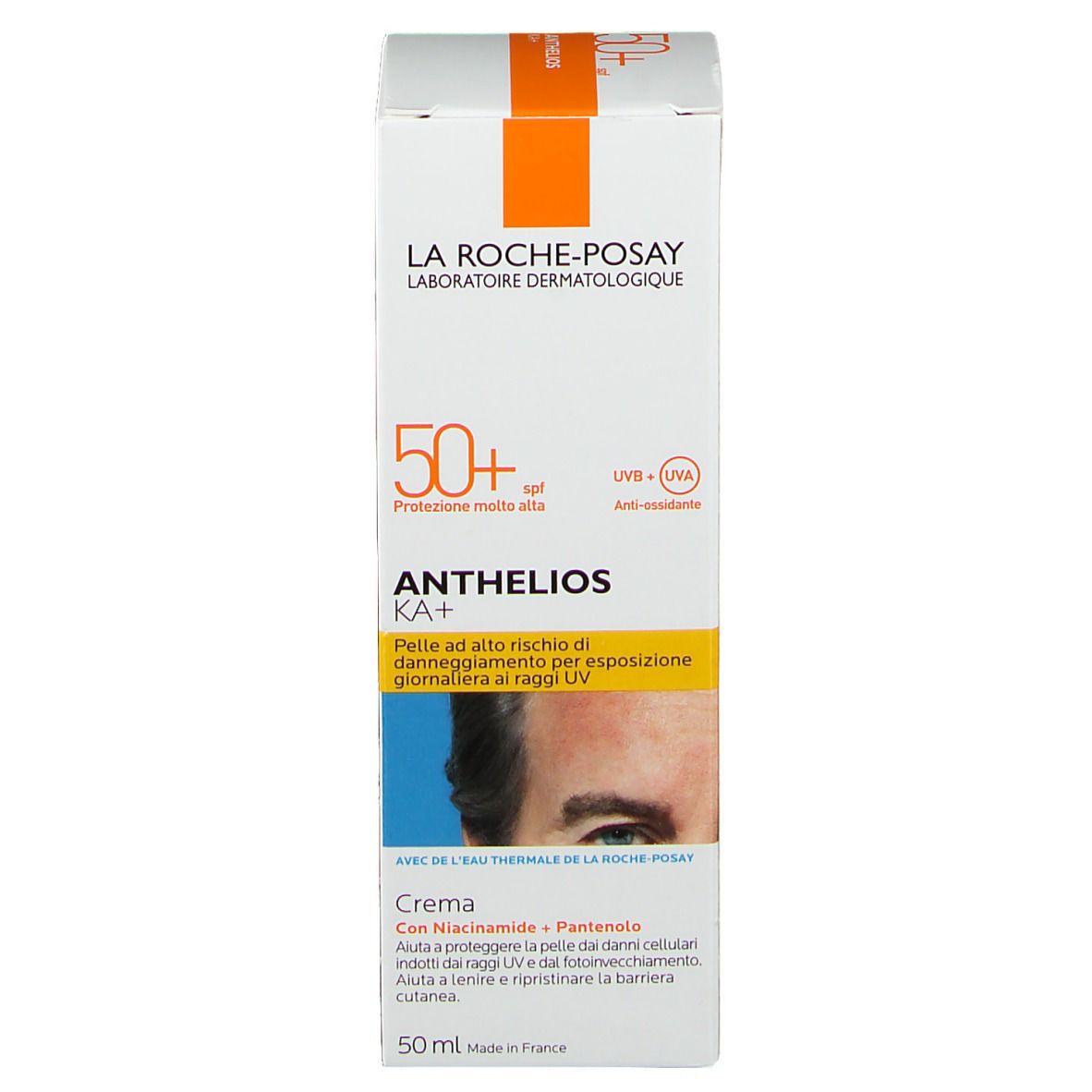 Boîte blanche avec bande orange. Inscription: La Roche-Posay, Anthelios KA+, SPF 50+. Crème. Visage avec protection UV.