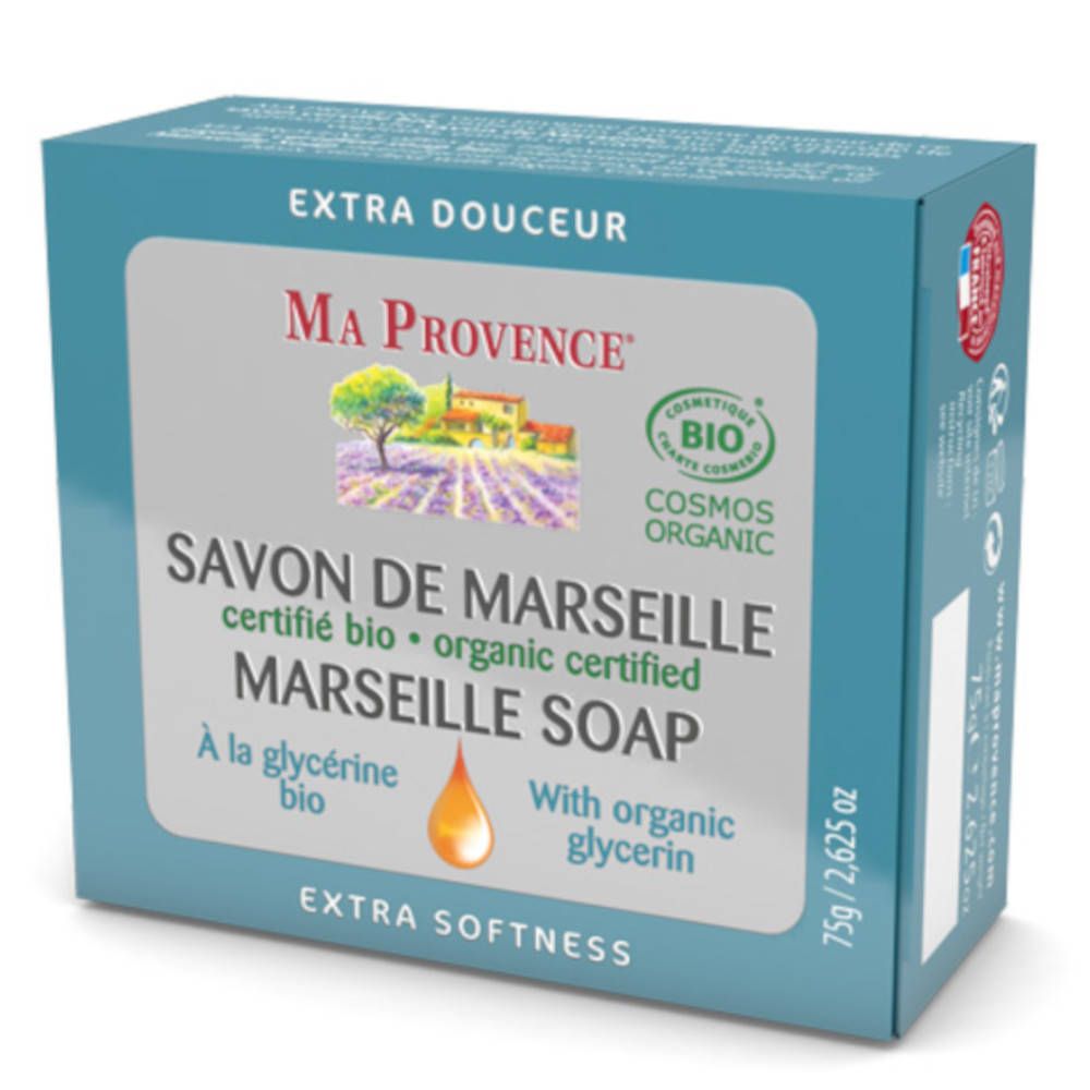 Boîte bleu-turquoise de savon de Marseille MA PROVENCE®. Certifié bio. Inscription : Savon de Marseille, 75g.