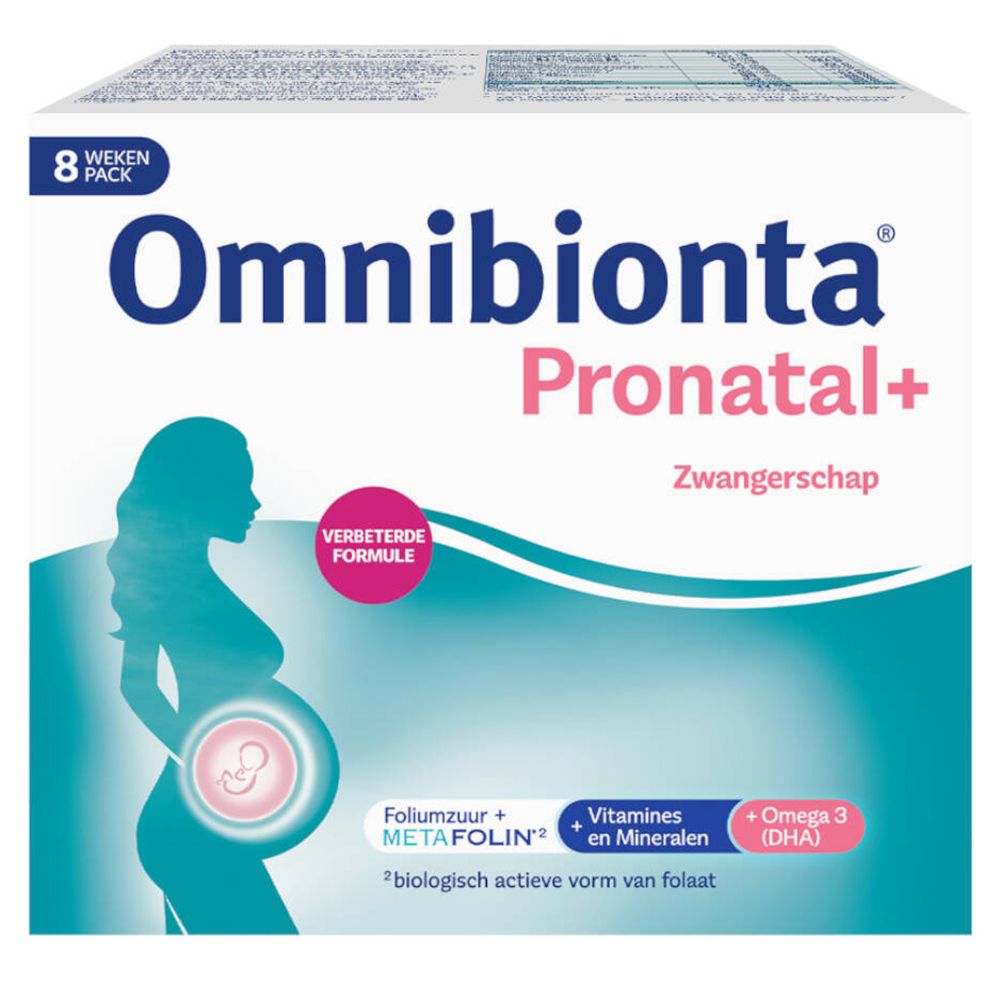 Boîte Omnibionta Pronatal+ pour 8 semaines. Silhouette d'une femme enceinte. Contient acide folique, vitamines, minéraux et Oméga 3.