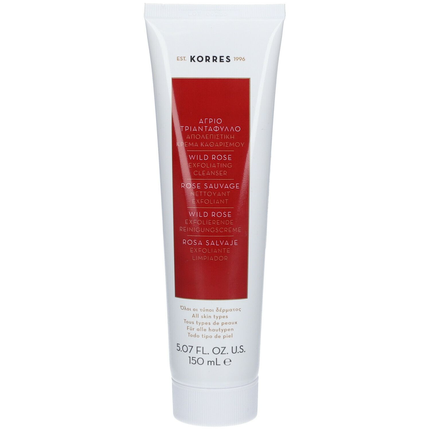 Tube blanche avec encart rouge. Texte: KORRES, Wild Rose Exfoliating Cleanser. 150 ml.