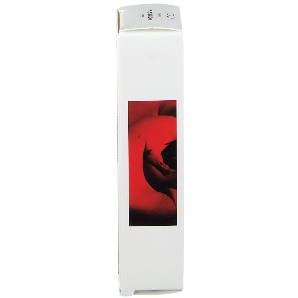 Côté de l'emballage du produit. Motif de rose rouge. Texte: KORRES.