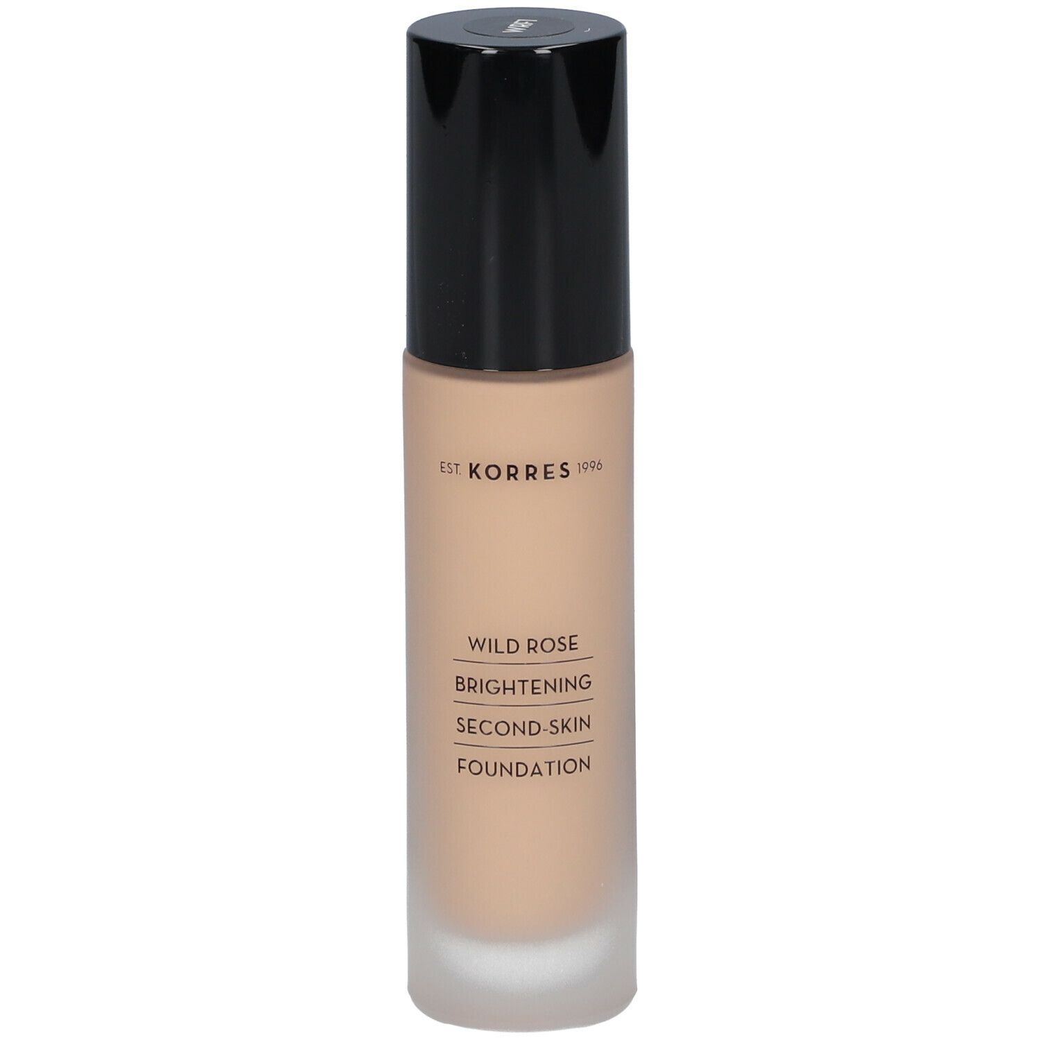 Korres Wild Rose Fond de Teint, flacon. Inscription: Wild Rose, Brightening Second-Skin Foundation.