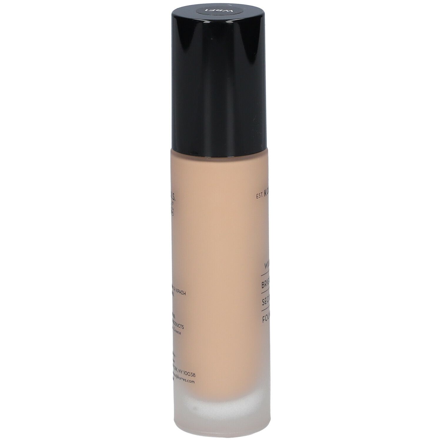 Korres Wild Rose Fond de Teint, flacon. Inscription: Wild Rose, Brightening Second-Skin Foundation.