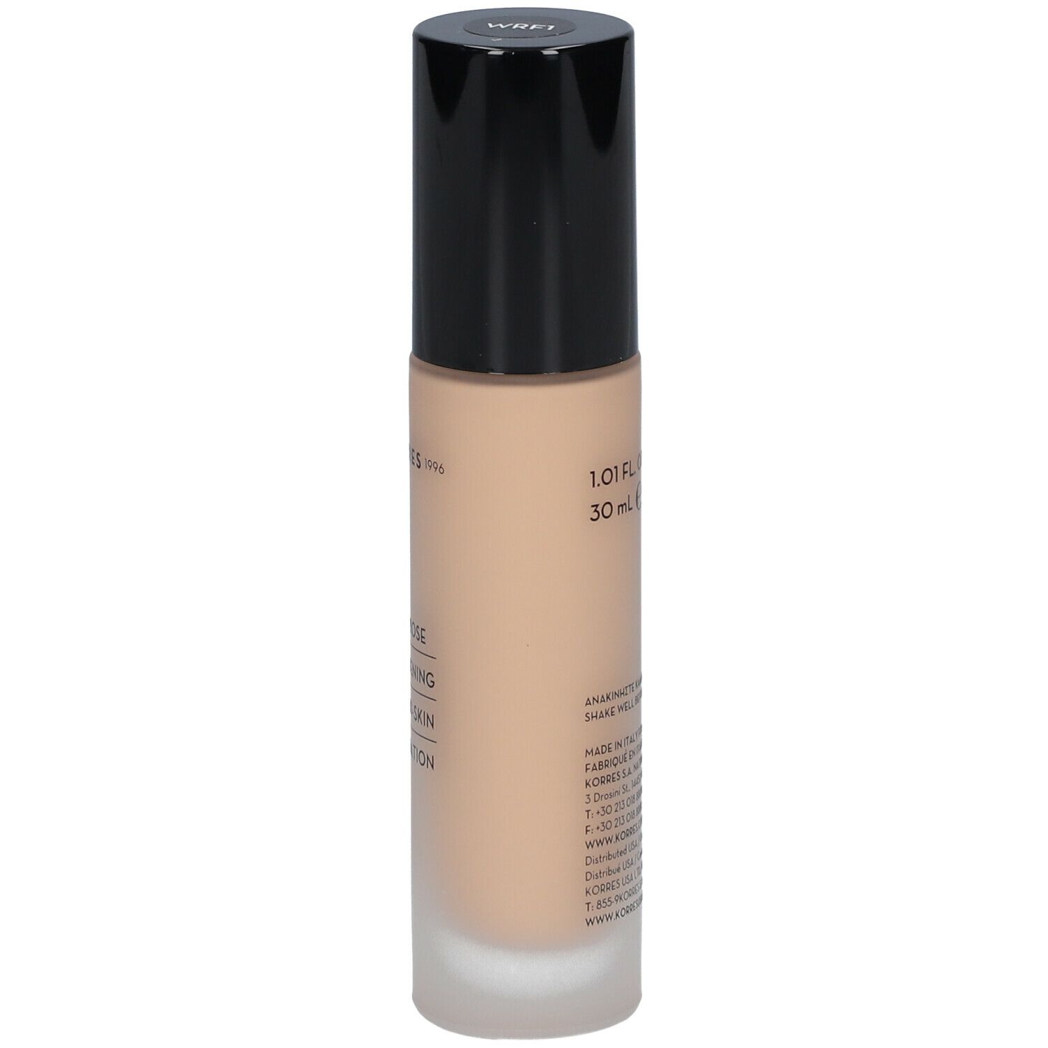 Korres Wild Rose Fond de Teint, flacon. Inscription: Wild Rose, Brightening Second-Skin Foundation.