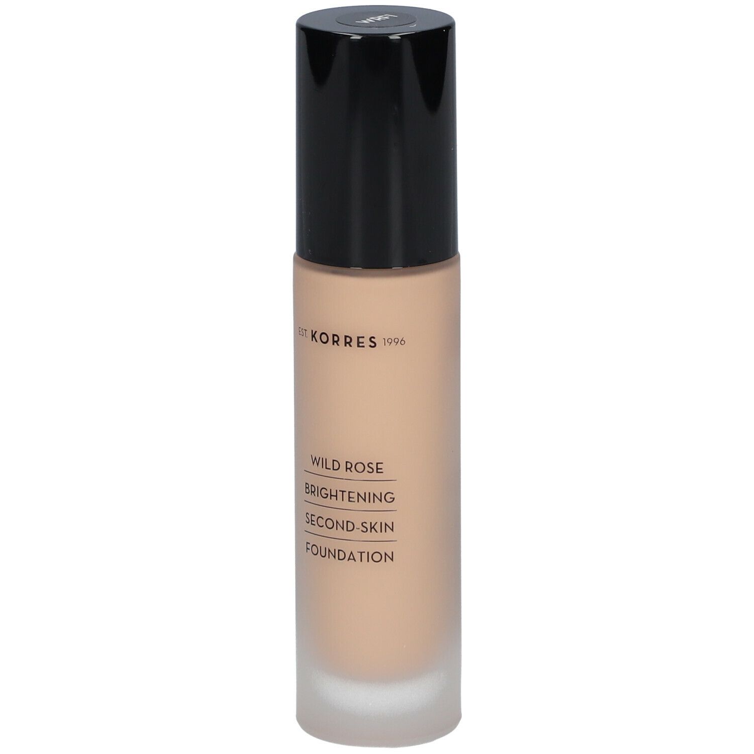 Korres Wild Rose Fond de Teint, flacon. Inscription: Wild Rose, Brightening Second-Skin Foundation.