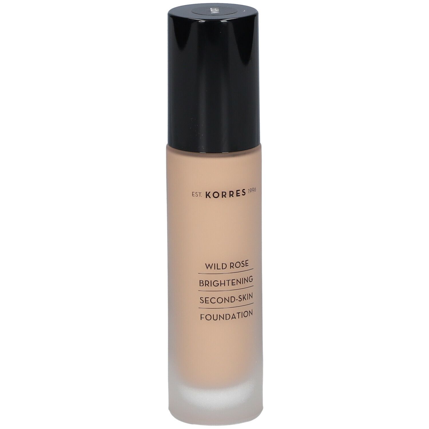 Korres Wild Rose Fond de Teint, flacon. Inscription: Wild Rose, Brightening Second-Skin Foundation.