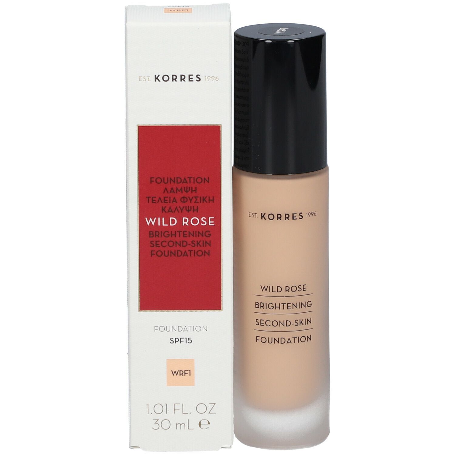 Korres Wild Rose Fond de Teint, flacon et emballage. Inscription: Wild Rose, Foundation, SPF15, WRF1.