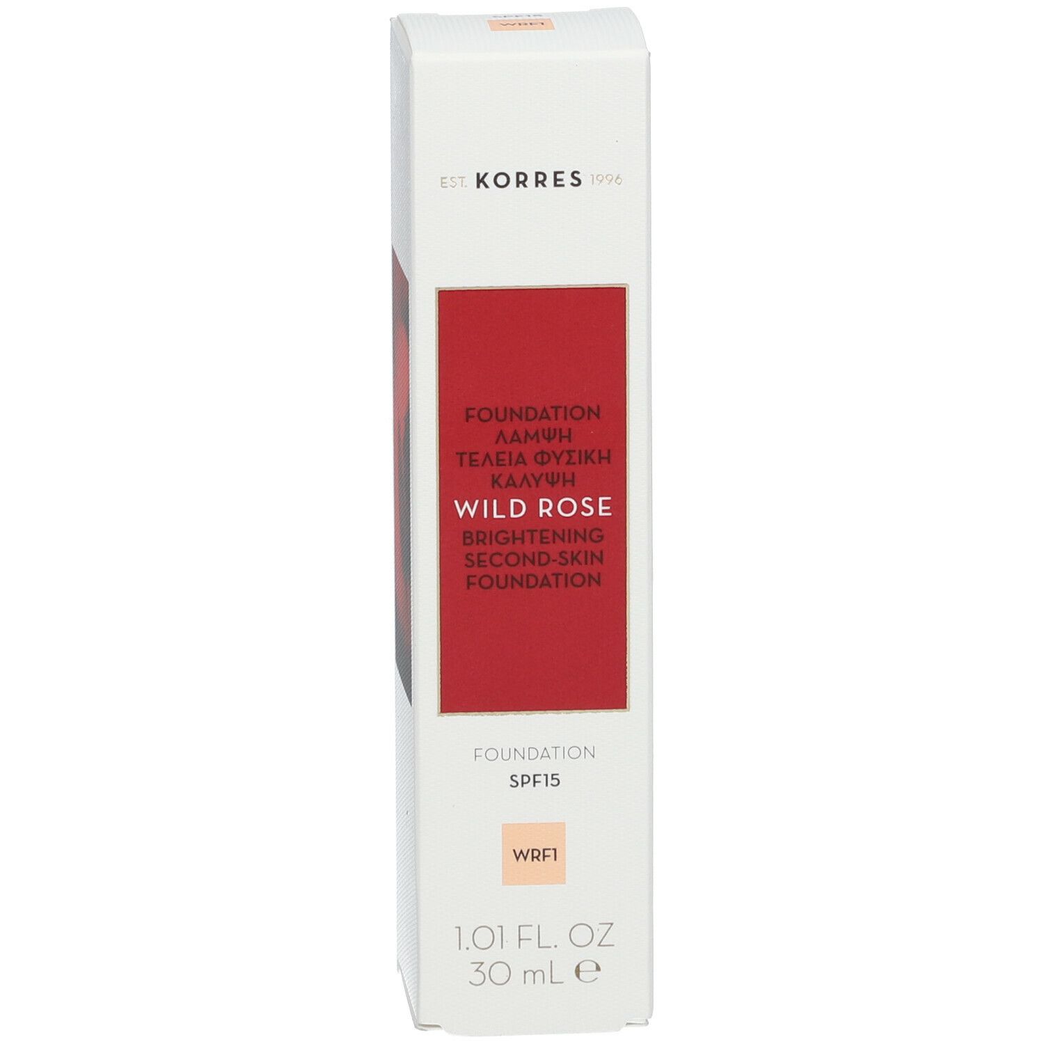 Korres Wild Rose Fond de Teint, emballage. Inscription: Wild Rose, Foundation, SPF15, WRF1.