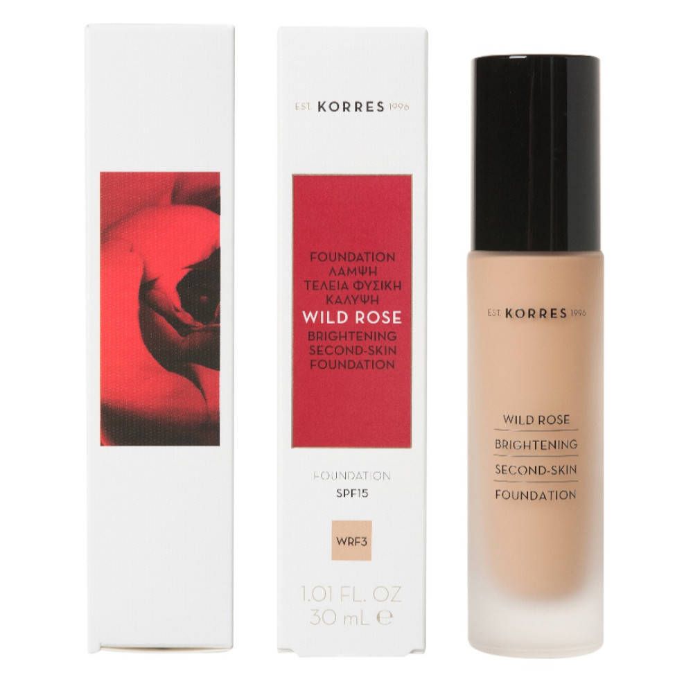 Korres Wild Rose Foundation. Fles en verpakking. Opschrift: Wild Rose, SPF15, WRF3. 30 ml.