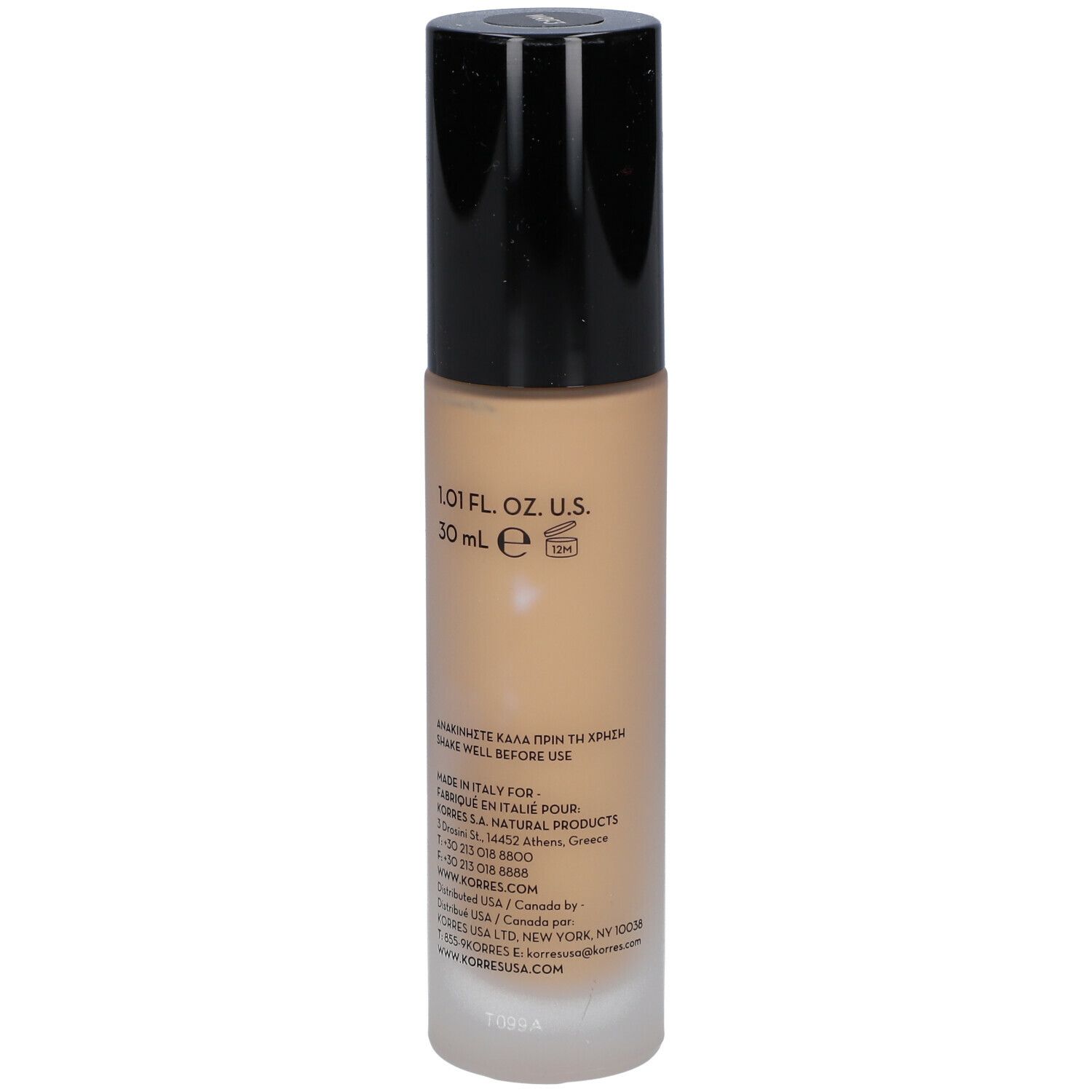 Korres Wild Rose Foundation. Fles, achteraanzicht. Zwarte dop. Opschrift: Wild Rose, Brightening Second-Skin Foundation.